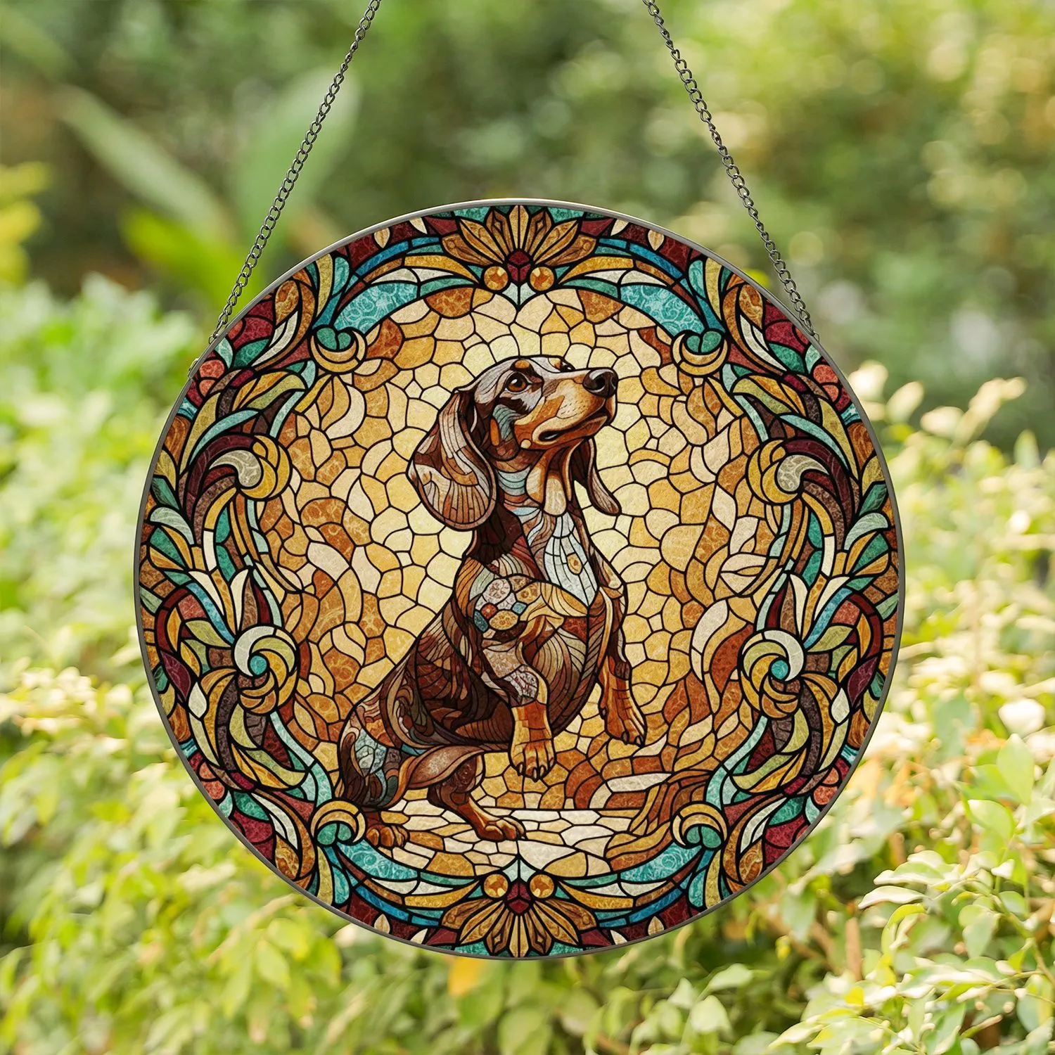 Dachshund Dog Stained Glass Art - Tiffany Style Ornate Jewel Tones Mosaic Design Stained Glass Suncatcher - 1