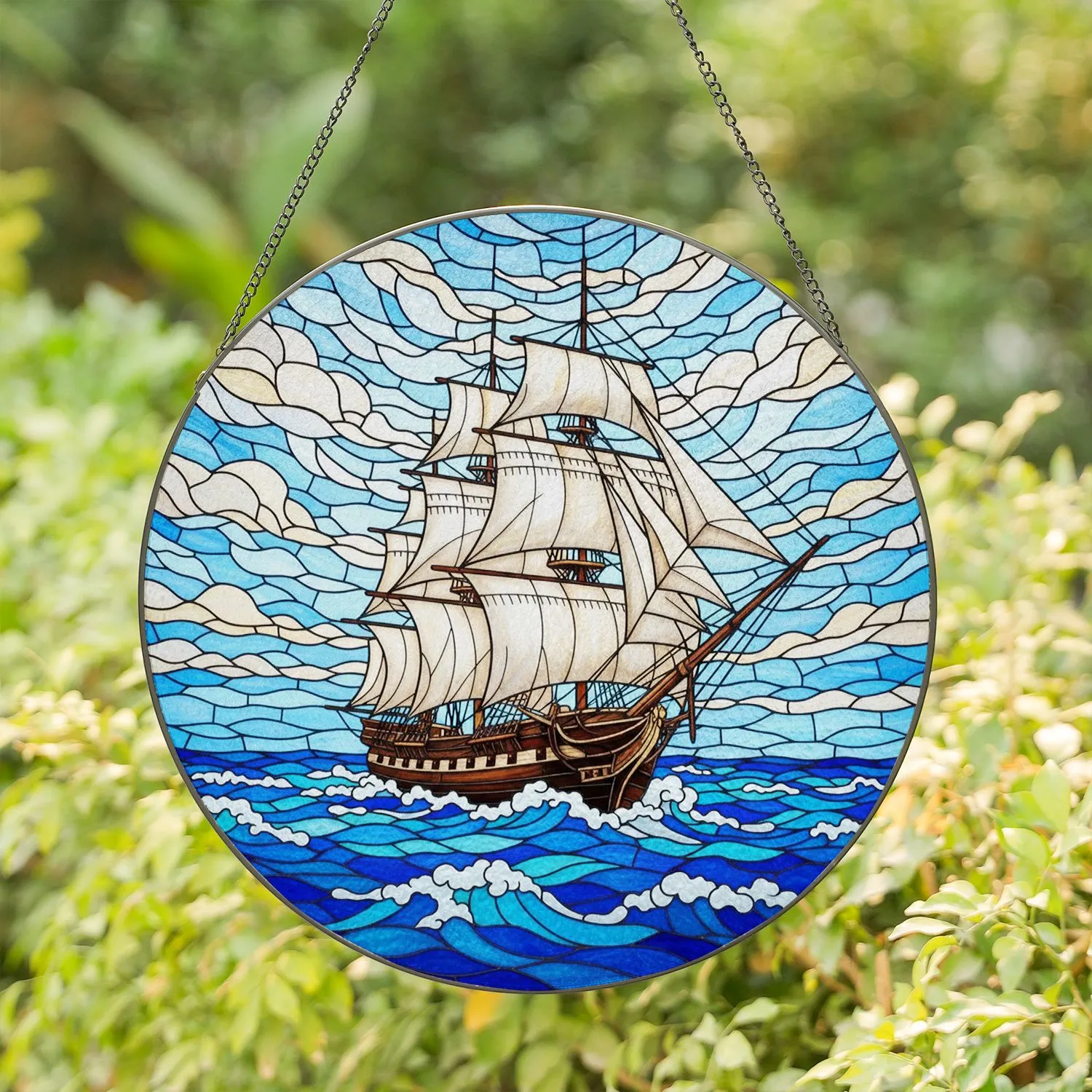 Majestic Multi-Masted Tall Ship Galleon Ocean Waves Sky Clouds Tiffany Glass Art Stained Glass Suncatcher - 1