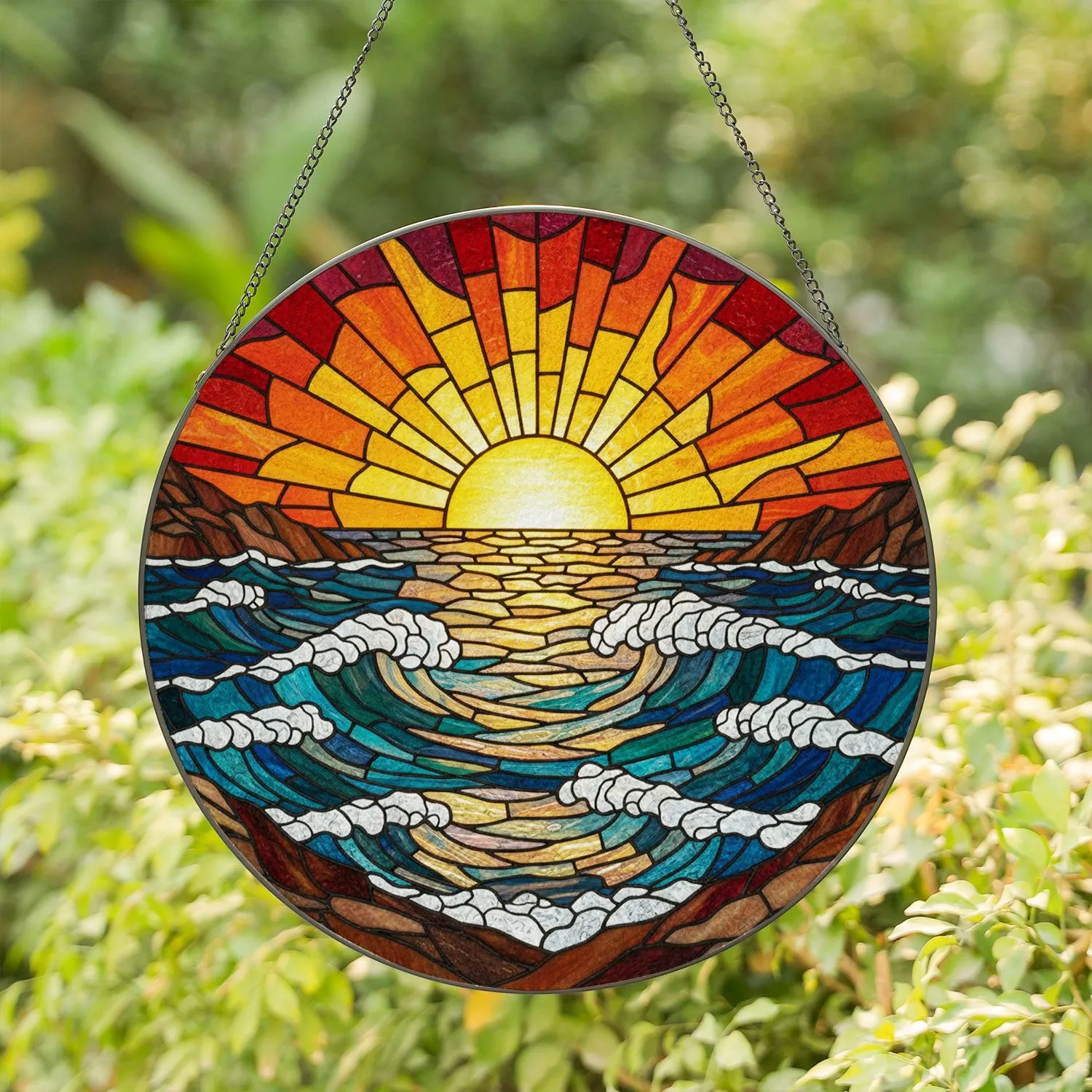 Sun Setting Ocean Waves Tiffany Stained Glass Art - Intricate Sunset Sky Mosaic Decor Stained Glass Suncatcher - 1