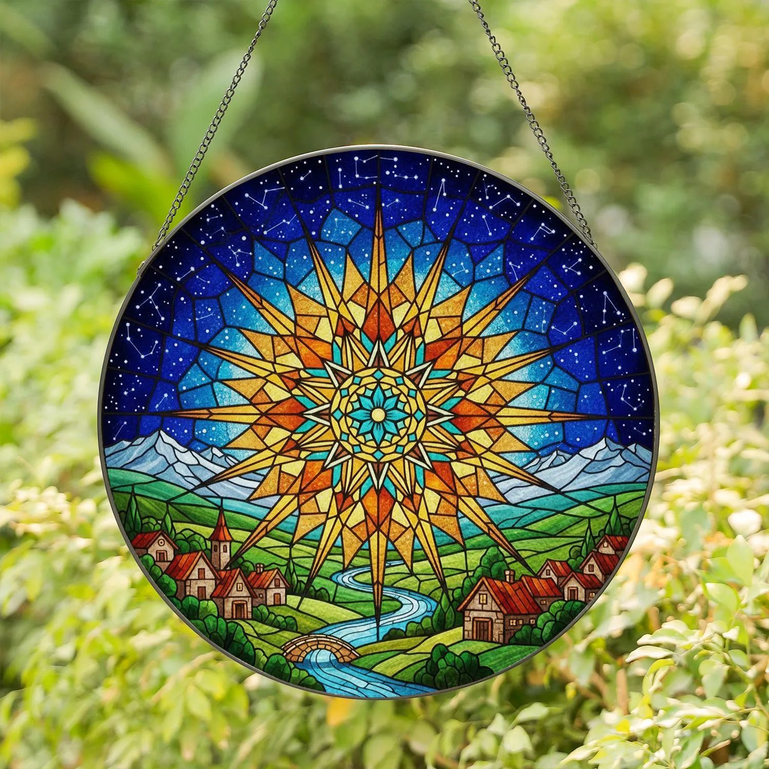 Radiant Starburst Village River Cosmic Night Sky Tiffany Stained Glass Decor Art Stained Glass Suncatcher - 1