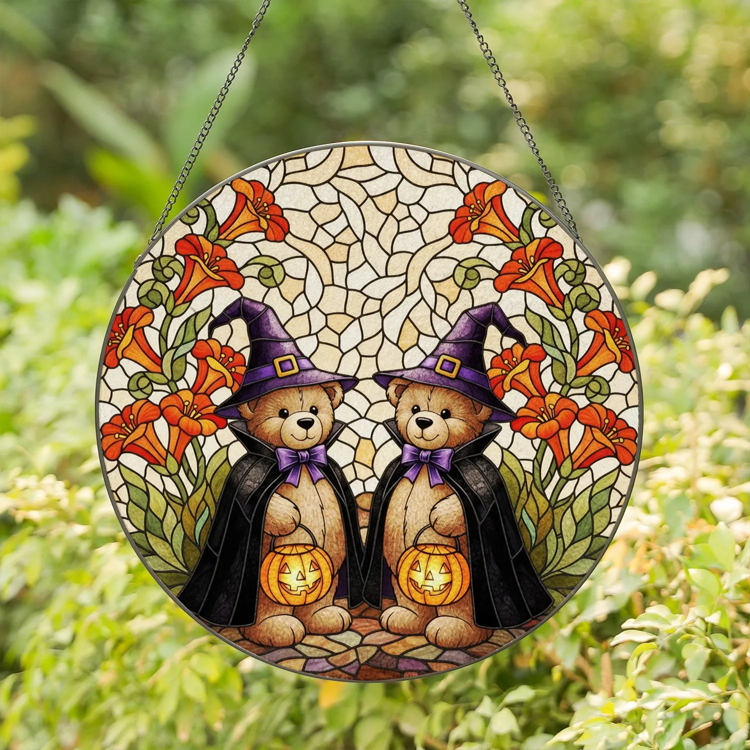 Witch Teddy Bear Black Cape Purple Hat Jack-o'-Lantern Tiffany Halloween Decor Art Stained Glass Suncatcher - 1