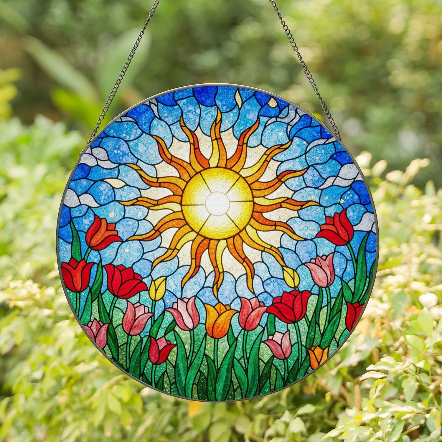 Radiant Sun Stained Glass Garden Art - Blooming Tulips Tiffany Jewel Tones Mosaic Sky Stained Glass Suncatcher - 1