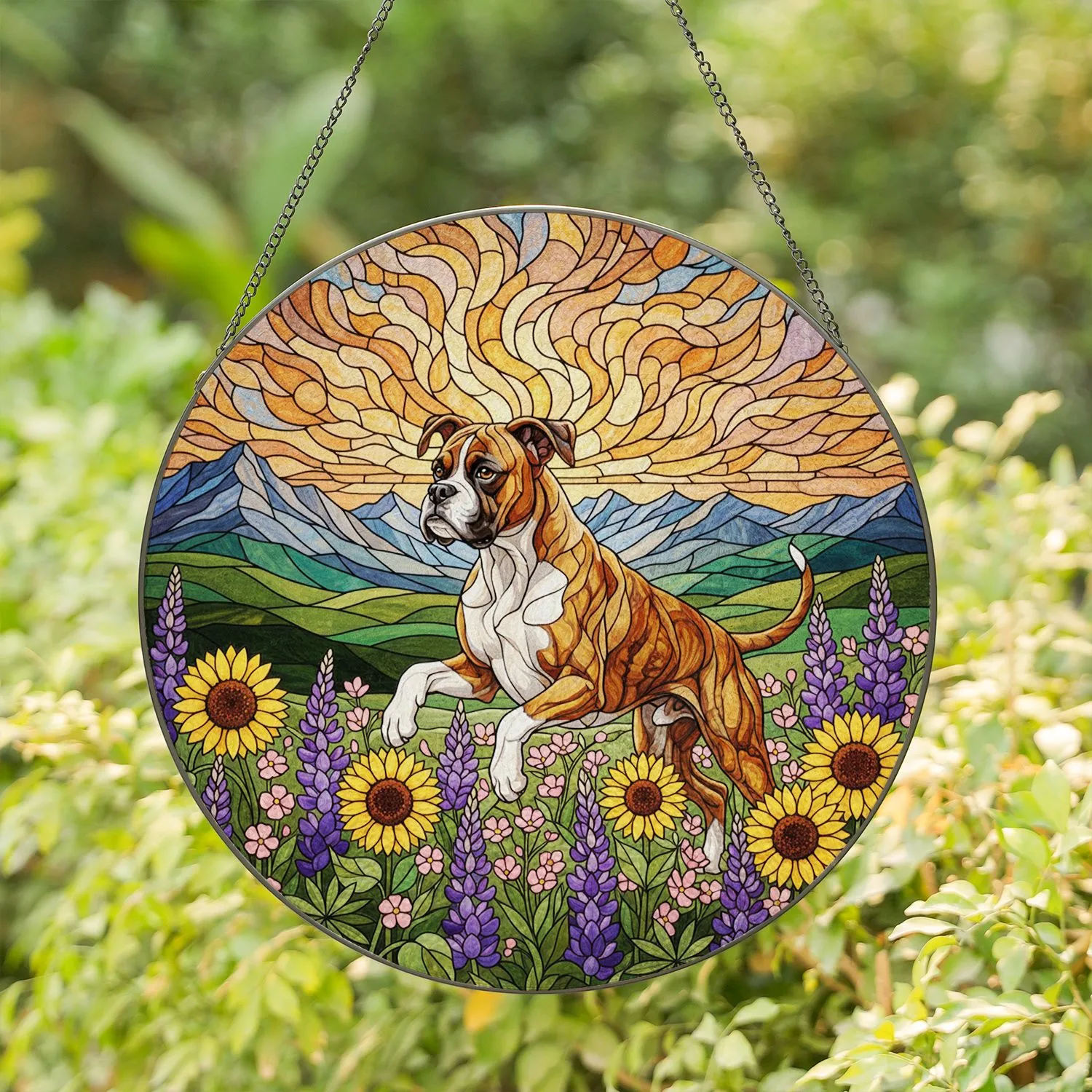 Boxer Dog Wildflower Mountain Tiffany Style Art - Jewel Tone Brindle Dog Lover Gift Stained Glass Suncatcher - 1
