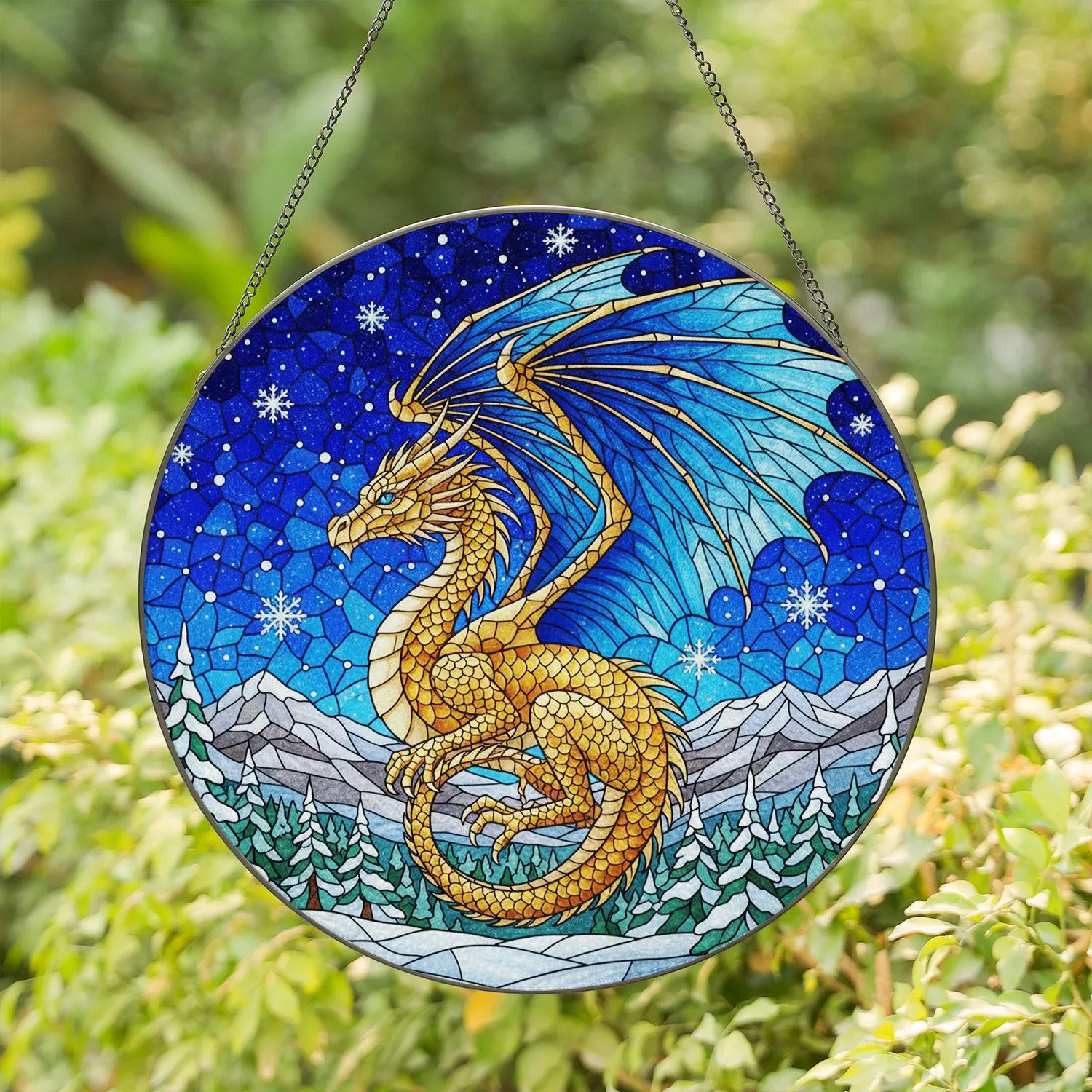 Golden Dragon Stained Glass Night Sky Winter Landscape - Fantasy Dragon Lover Gift Stained Glass Suncatcher - 1
