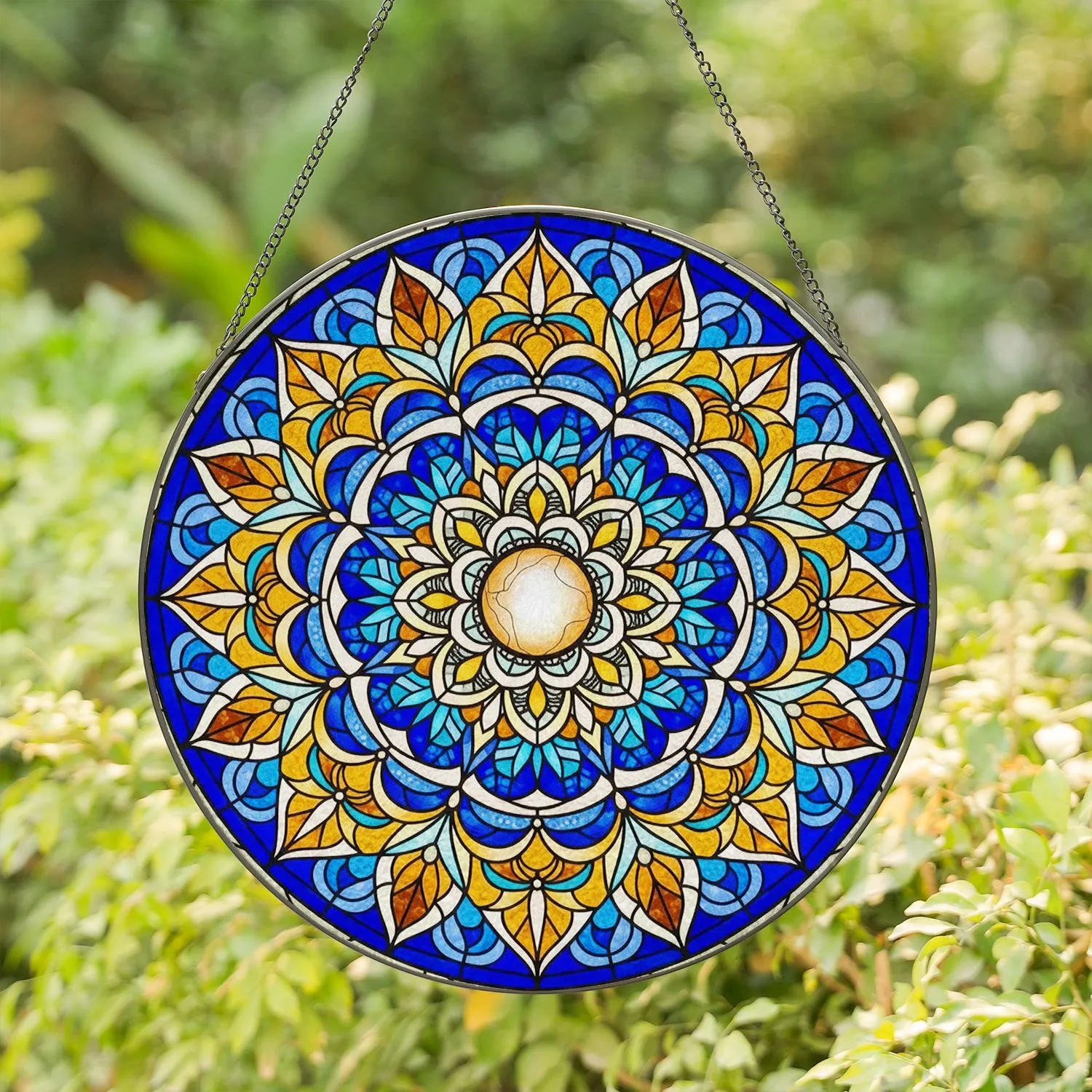 Symmetrical Stained Glass Floral Mandala - Tiffany Jewel Tone Mosaic Window Decor Accent Stained Glass Suncatcher - 1