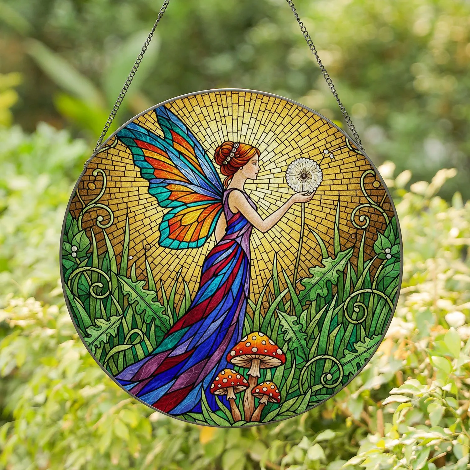 Graceful Fairy Dandelion Stained Glass Mosaic with Mushrooms - Tiffany Jewel Tones Stained Glass Suncatcher - 1