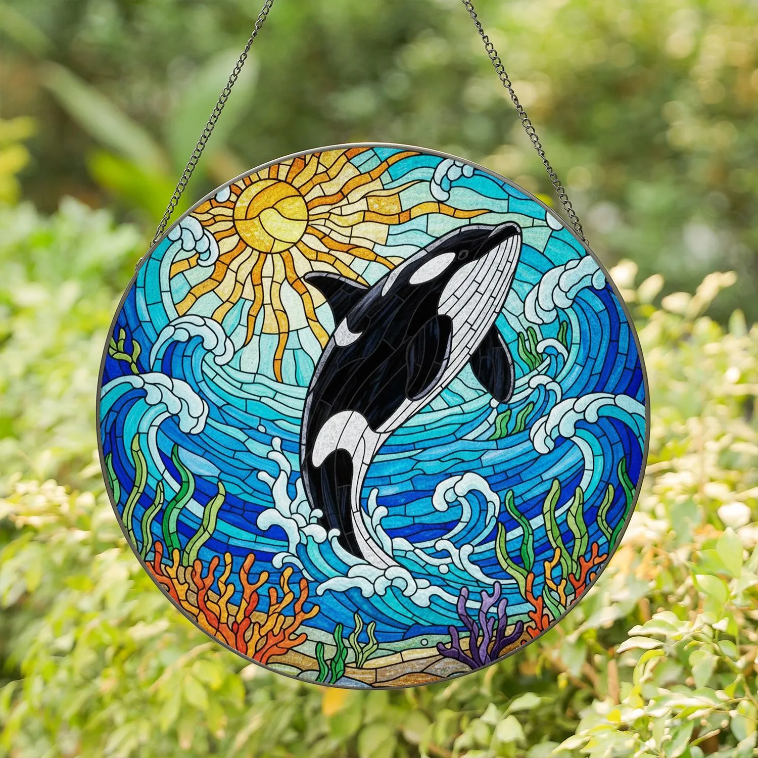 Black White Orca Whale Leaping Sun - Tiffany Stained Glass Ocean Waves Coral Art Stained Glass Suncatcher - 1