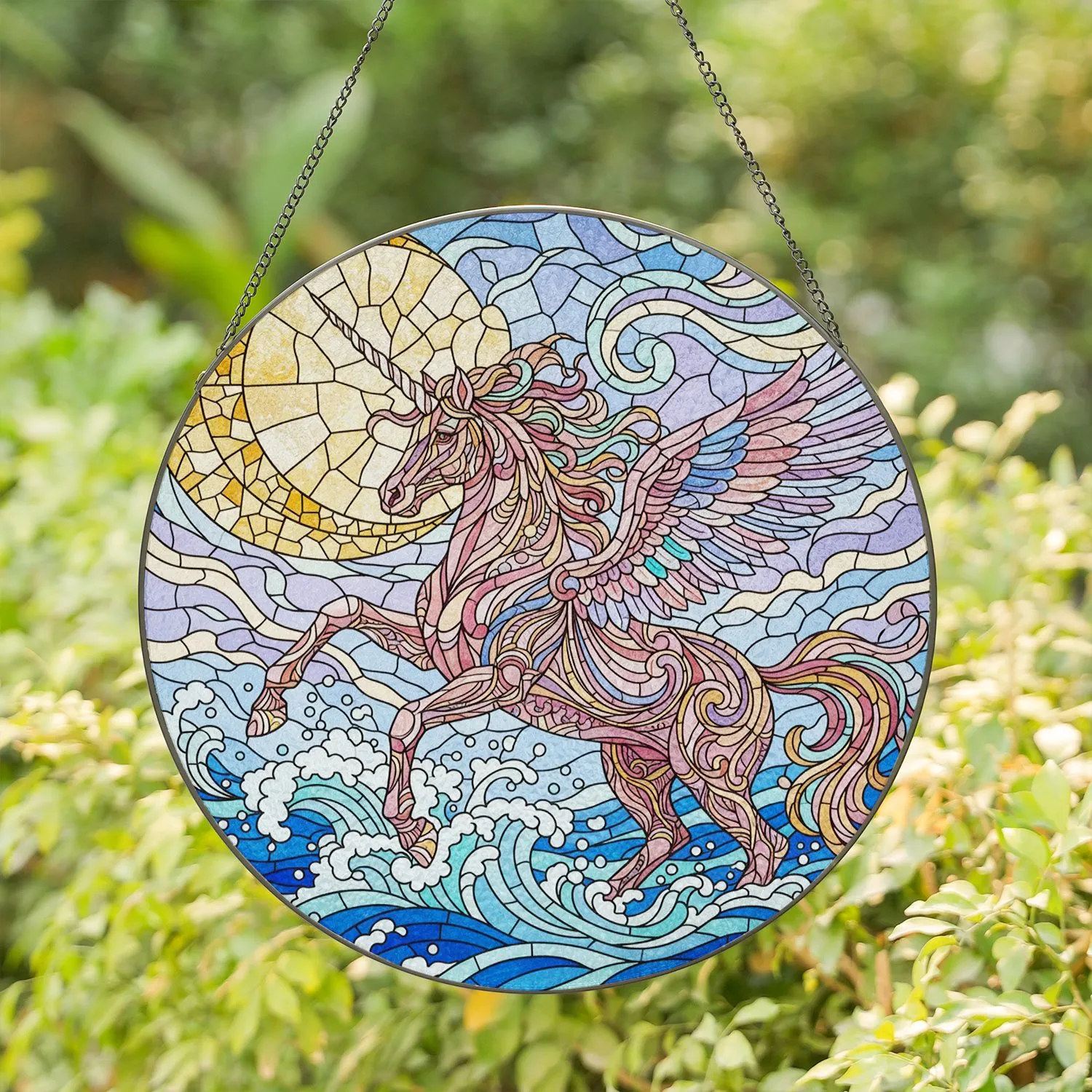 Winged Unicorn Stained Glass Art Celestial Moon Ocean Waves Dynamic Water Splashes Stained Glass Suncatcher - 1