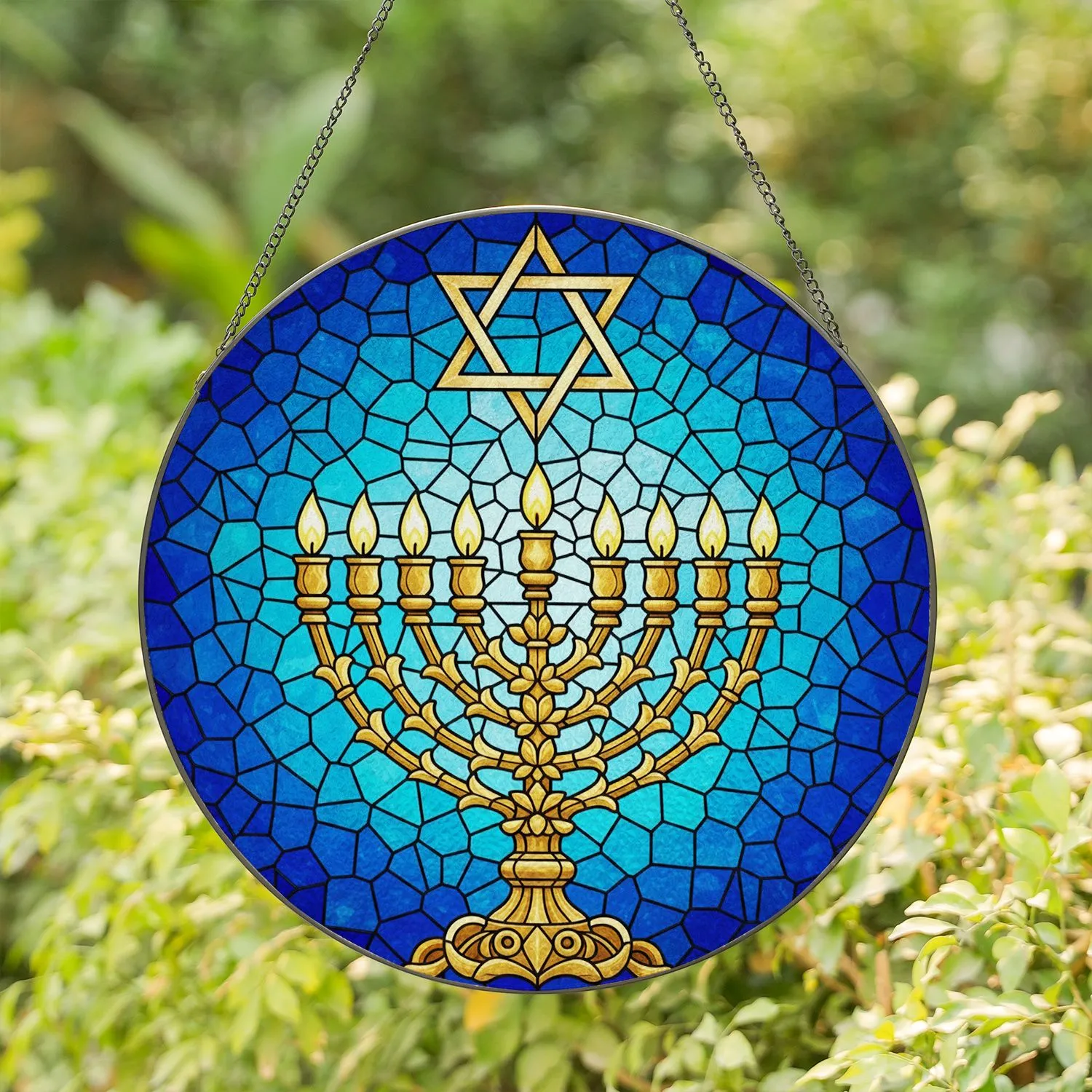 Golden Menorah Star of David Stained Glass Mosaic Art Jewel Tone Home Window Decor Stained Glass Suncatcher - 1
