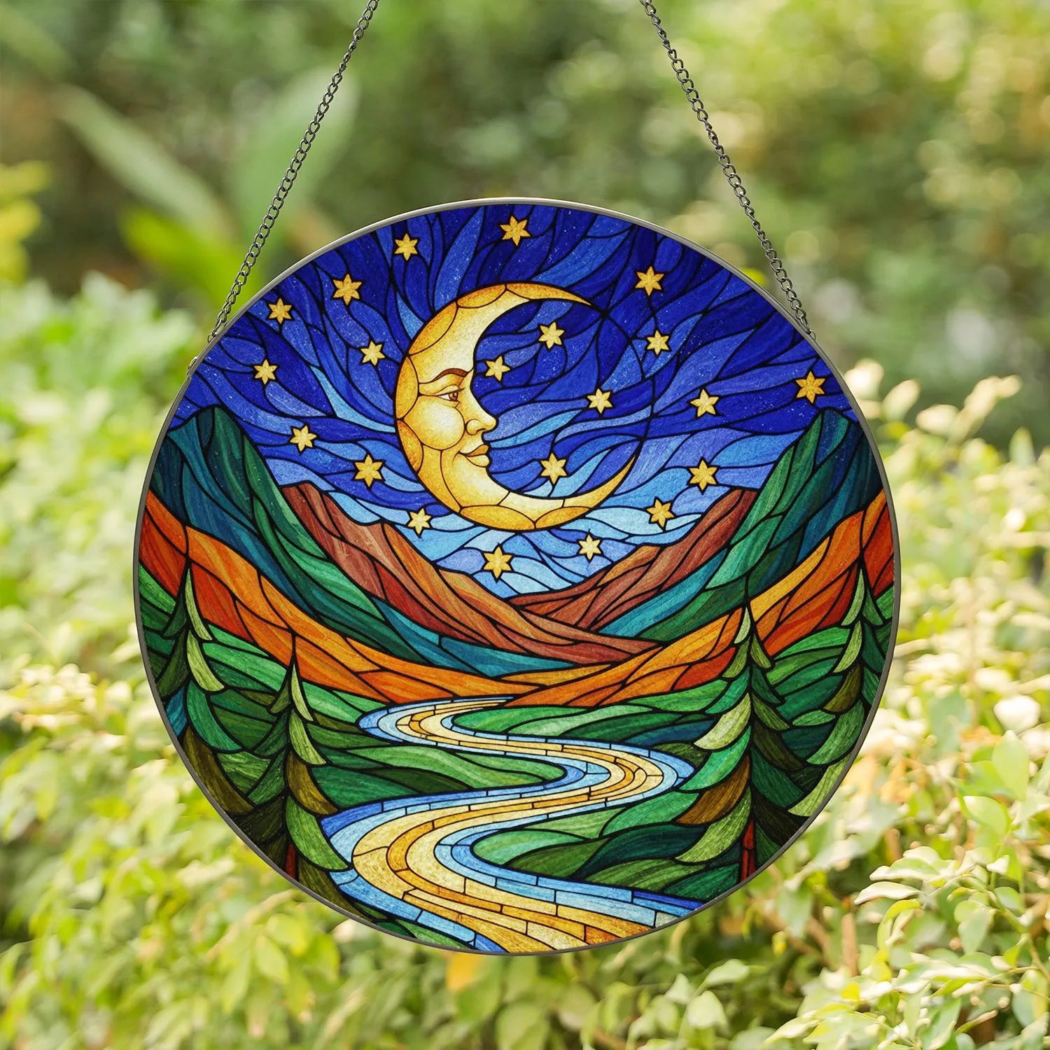 Intricate 8K Tiffany Stained Glass Golden Moon Stars Celestial Mountain River Landscape Stained Glass Suncatcher - 1