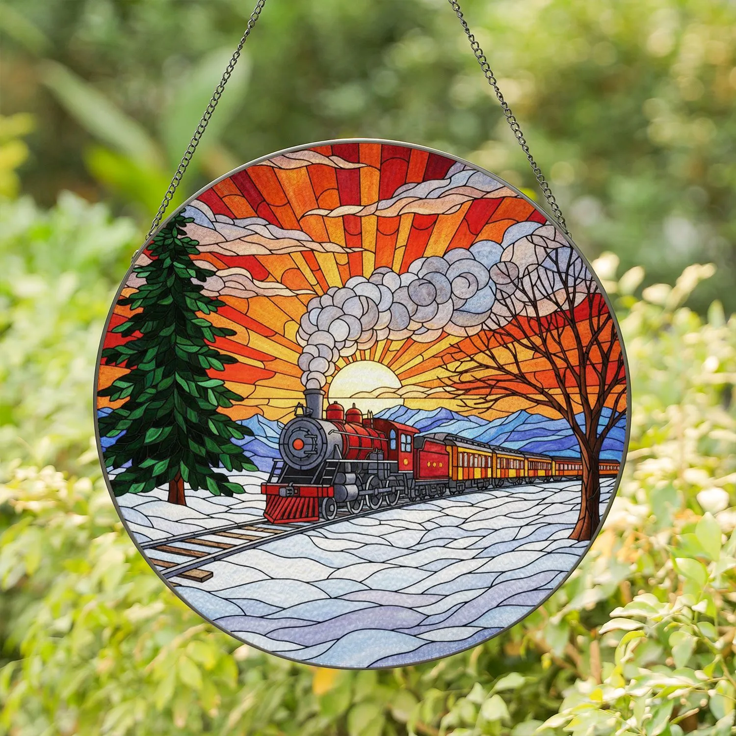 Vintage Steam Locomotive Stained Glass - Tiffany Style Sunset Snow Landscape Pine Tree Art Stained Glass Suncatcher - 1