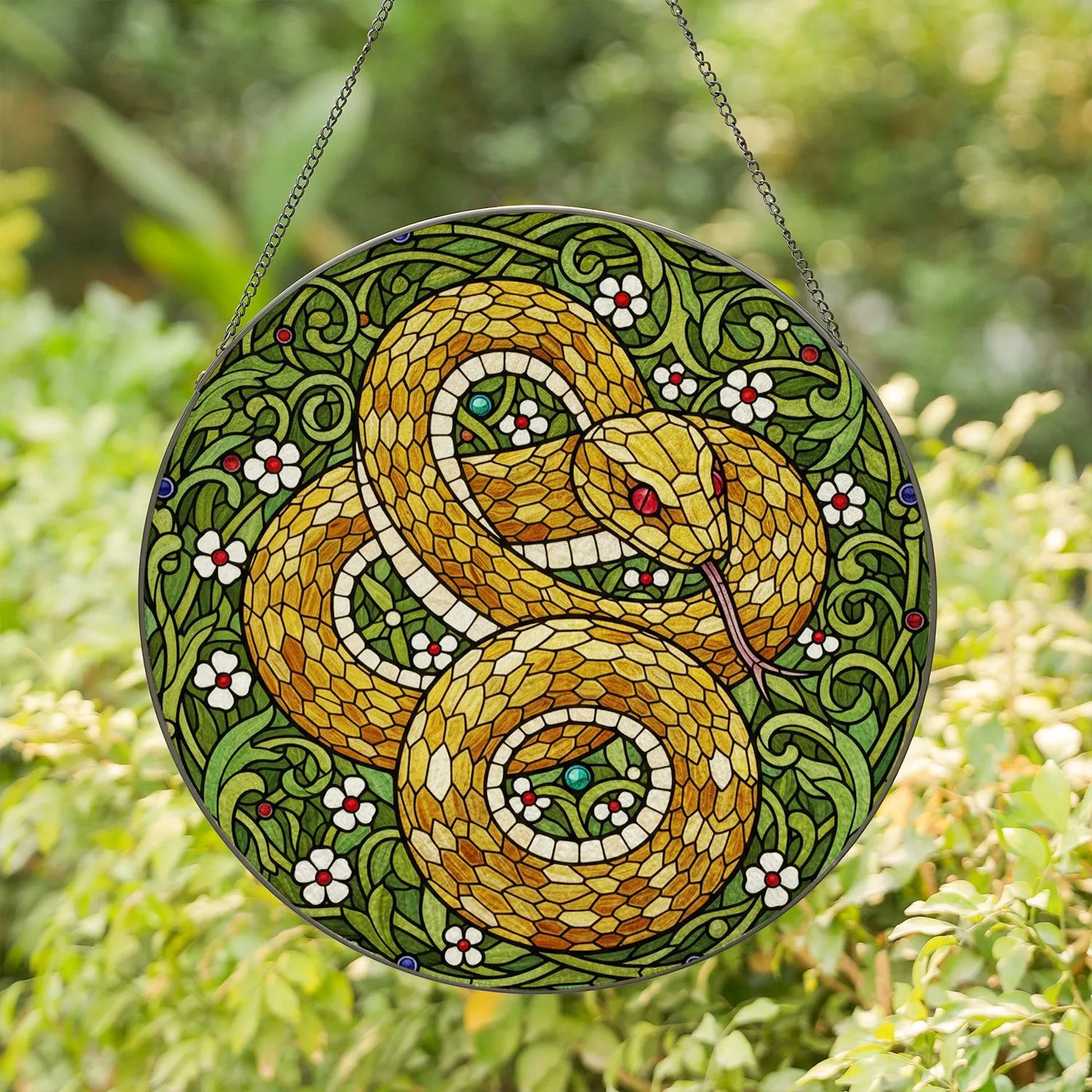 Tiffany Stained Glass Serpent - Ruby Eye, Lush Foliage & Jewel Tone Mosaic Art Stained Glass Suncatcher - 1
