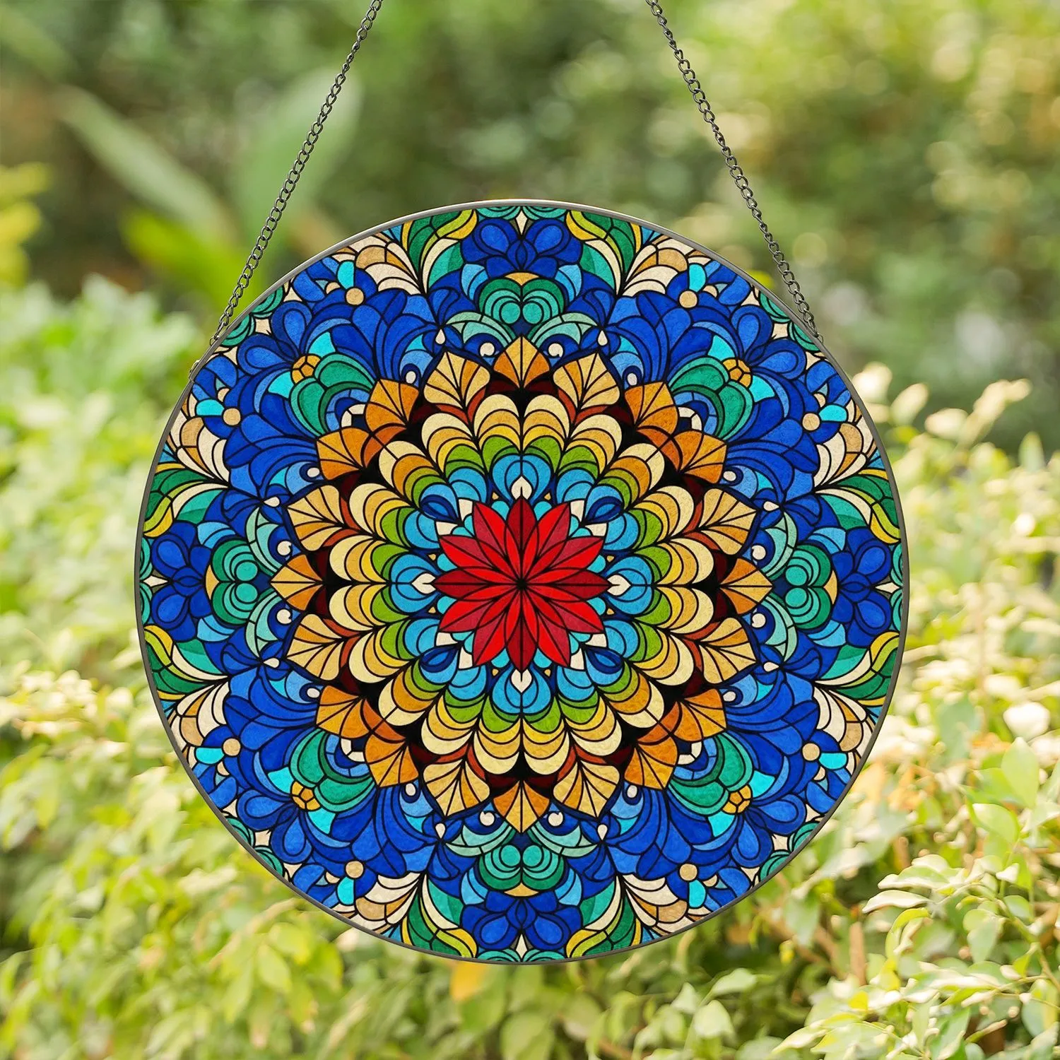 Tiffany Style Stained Glass Red Flower Star Mandala Blue Floral Geometric Intricate Mosaic Art Stained Glass Suncatcher - 1