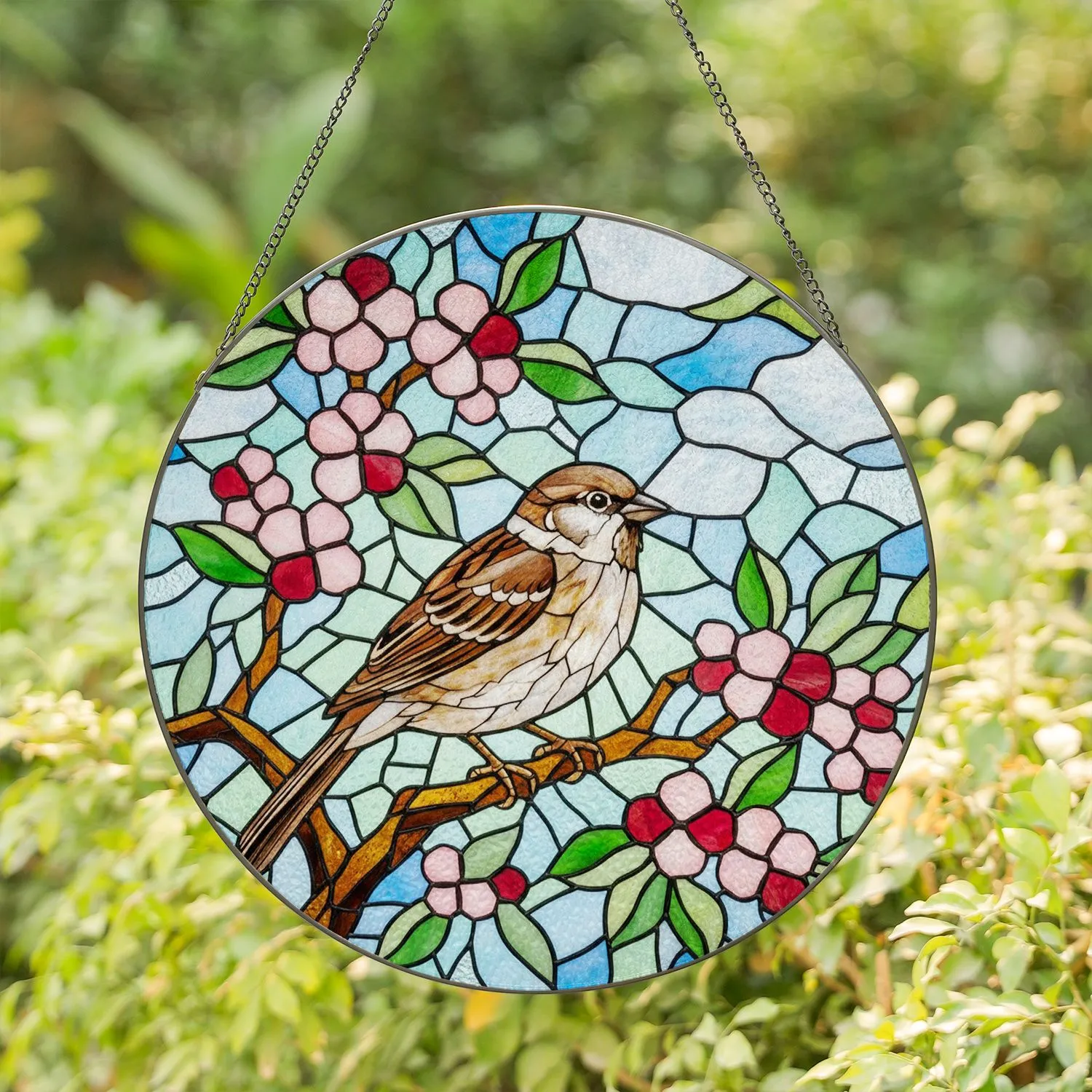 Sparrow Bird Stained Glass Blossoming Tree Pink Flowers Tiffany Style Mosaic Art Stained Glass Suncatcher - 1
