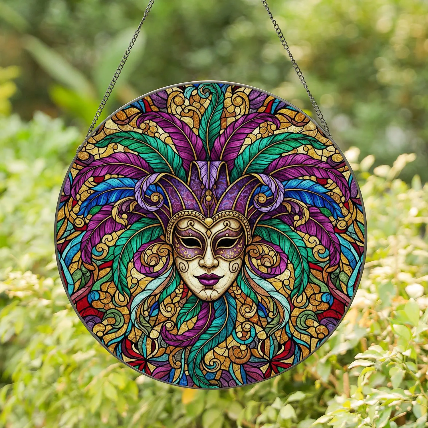 Venetian Masquerade Mask Jester Harlequin Feathered Headdress Tiffany Stained Glass Mosaic Stained Glass Suncatcher - 1