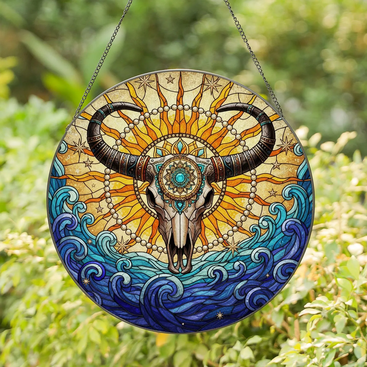 Ornate Bull Skull Tribal Horns Mandala Sunburst Waves Mosaic Stained Glass Decor Stained Glass Suncatcher - 1
