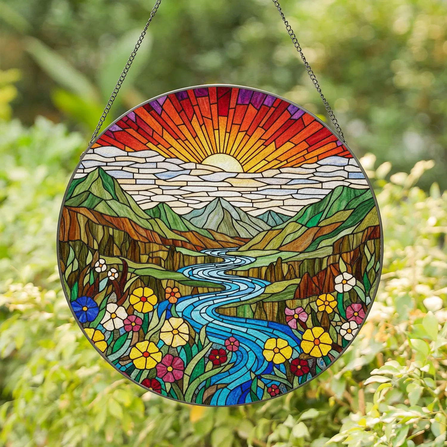 Tiffany Stained Glass Mountain River Landscape Wildflower Sunset Jewel Tones Stained Glass Suncatcher - 1