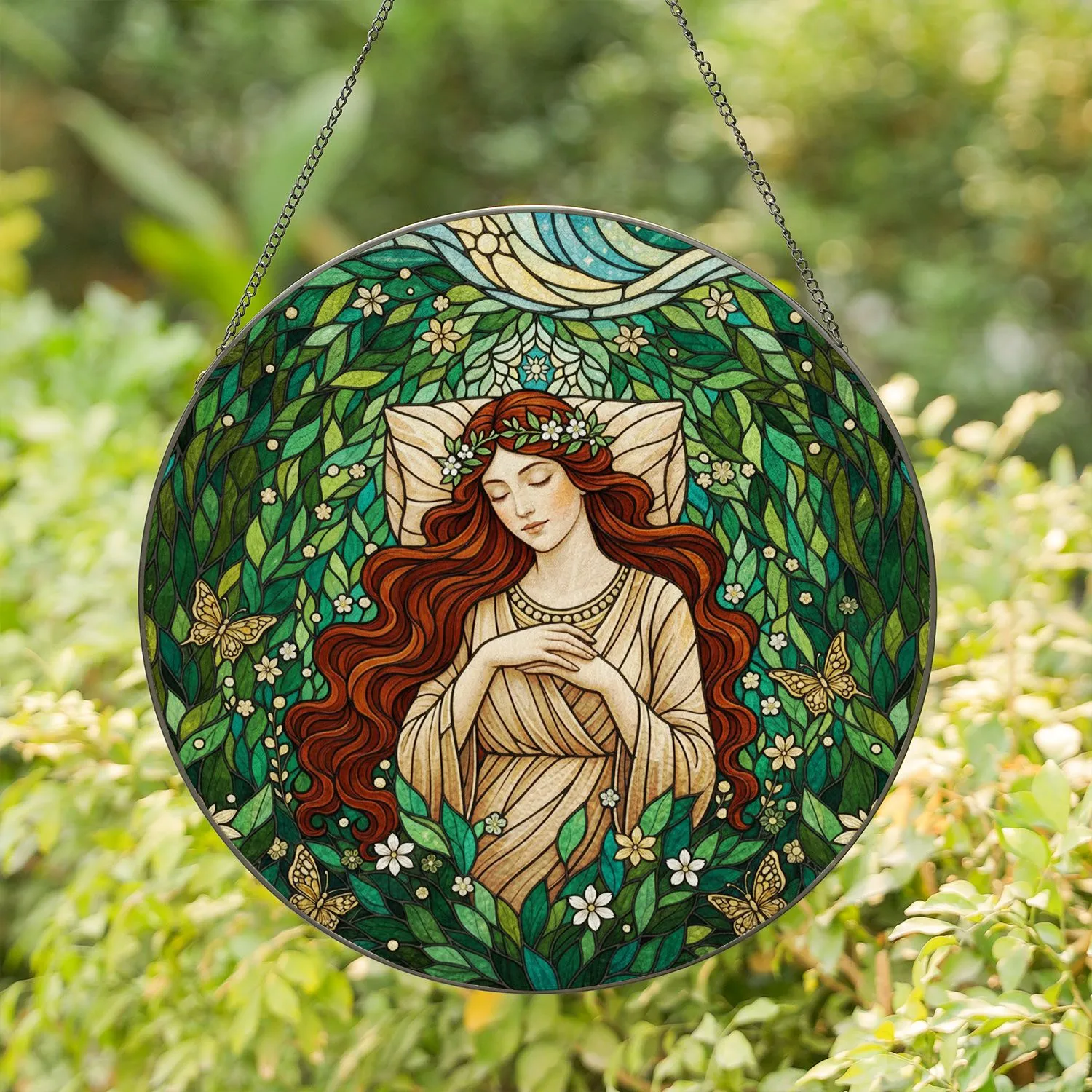 Woman Auburn Hair Stained Glass Forest Landscape Wreath Butterfly Star Flowers Stained Glass Suncatcher - 1