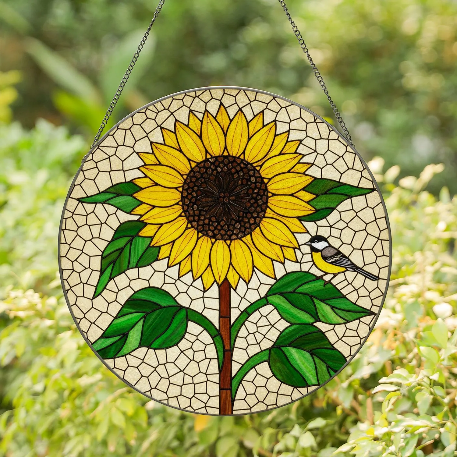 Tiffany Style Stained Glass Sunflower Bird Black White Yellow - Green Leaves Mosaic Decor Stained Glass Suncatcher - 1