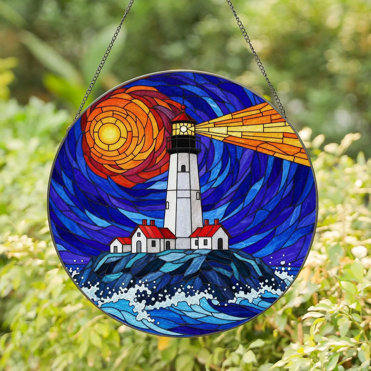Tiffany Style Lighthouse Coastline Swirling Sky Sun Ocean Waves Craggy Rocks Art Stained Glass Suncatcher - 1