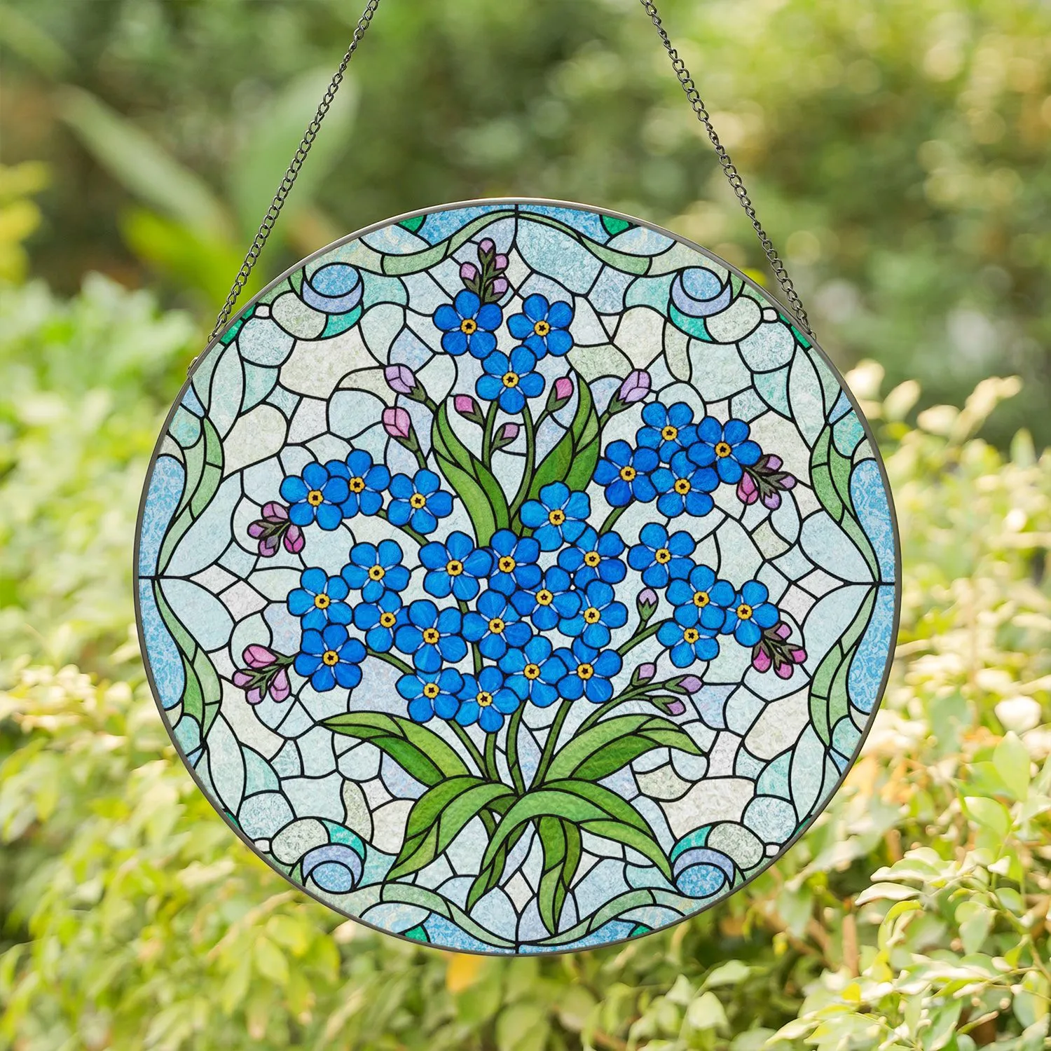 Forget-Me-Not Flowers Tiffany Style Stained Glass Mosaic Intricate Garden Jewel Tones Stained Glass Suncatcher - 1