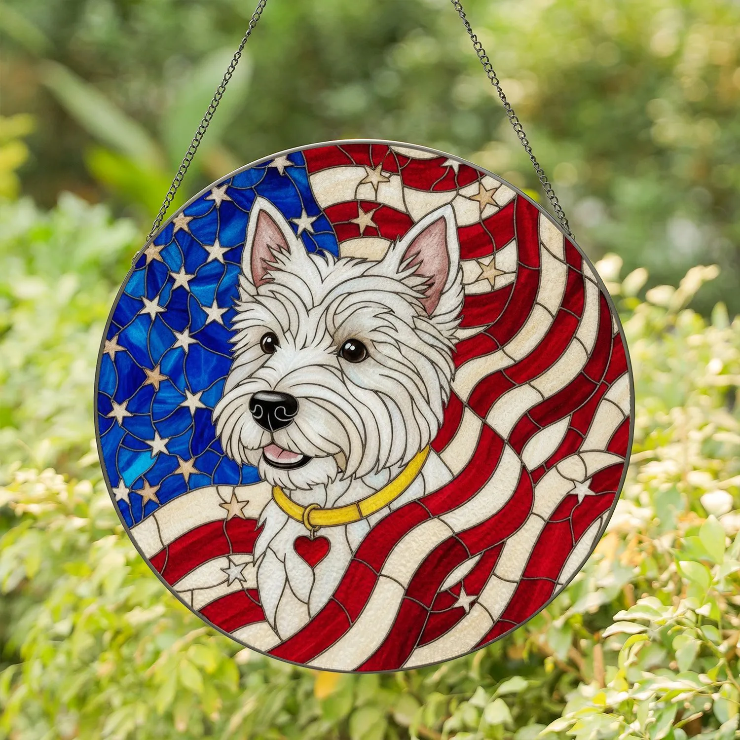West Highland White Terrier American Flag Stained Glass Art - Patriotic Independence Day Gift Stained Glass Suncatcher - 1
