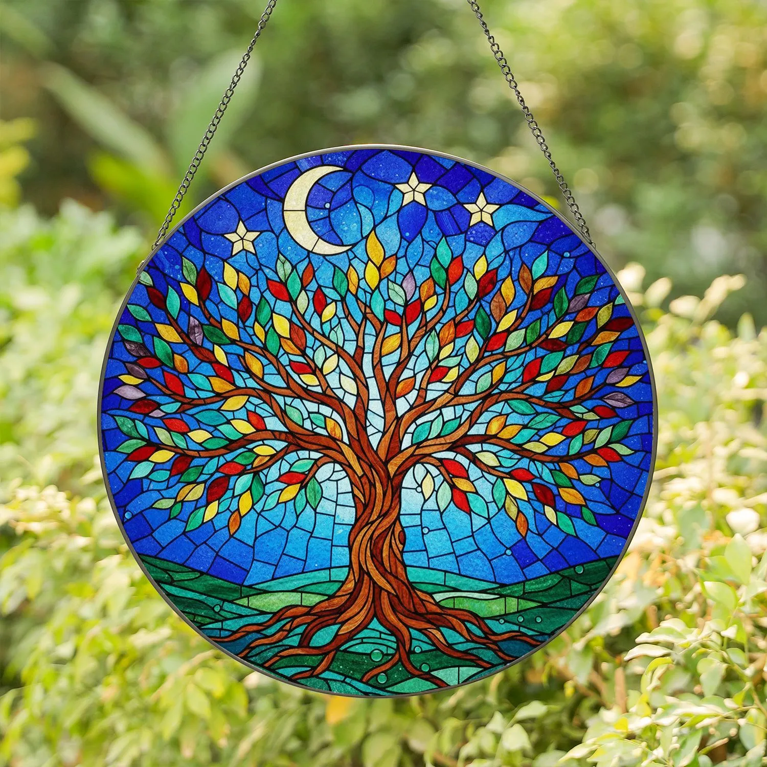 Stained Glass Tree of Life Moon Stars Night Sky Landscape - Tiffany Style Colorful Mosaic Art Stained Glass Suncatcher - 1
