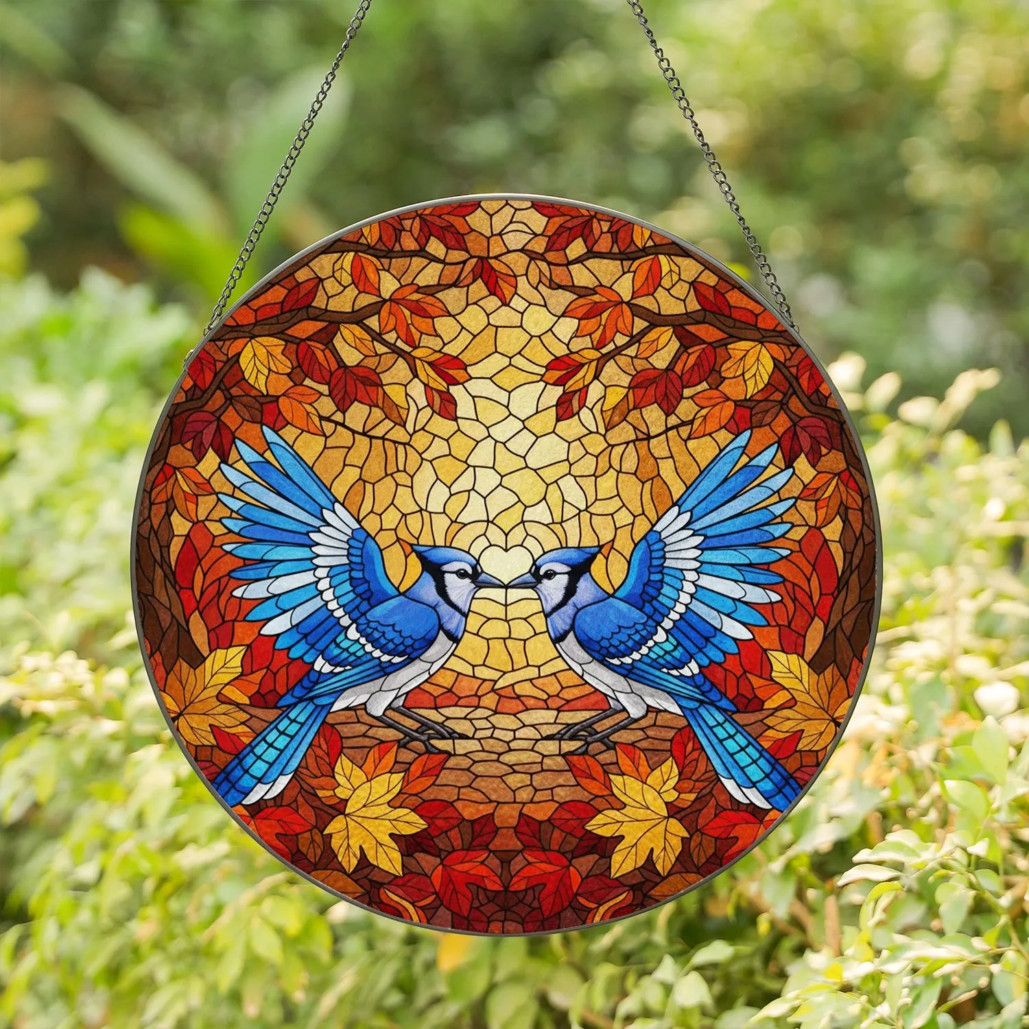 Blue Jays Romantic Embrace Stained Glass Autumn Leaves Tiffany Mosaic Home Decor Art Stained Glass Suncatcher - 1