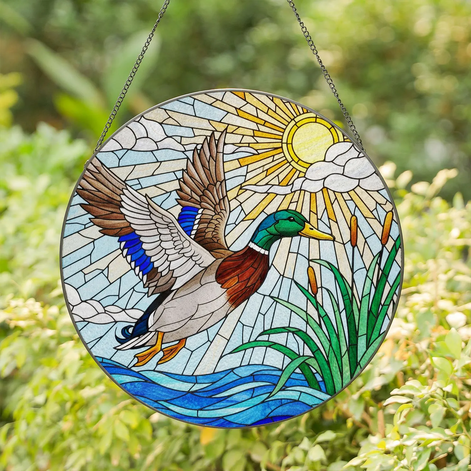 Male Mallard Duck Stained Glass Marsh Reeds Art with Sunny Sky Design in Tiffany Style Stained Glass Suncatcher - 1
