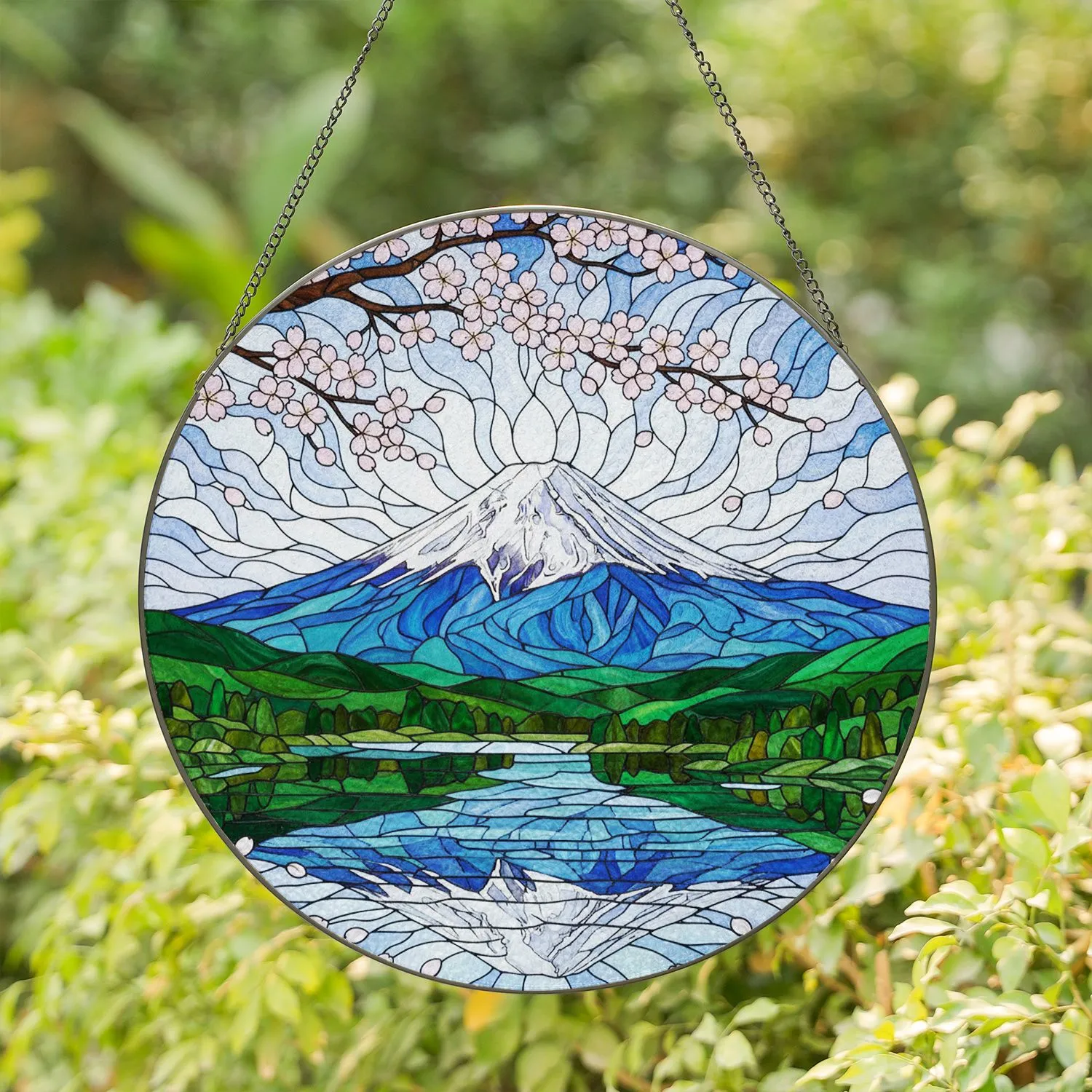 Mount Fuji Cherry Blossom Lake Stained Glass - Japanese Art Landscape Decor Stained Glass Suncatcher - 1