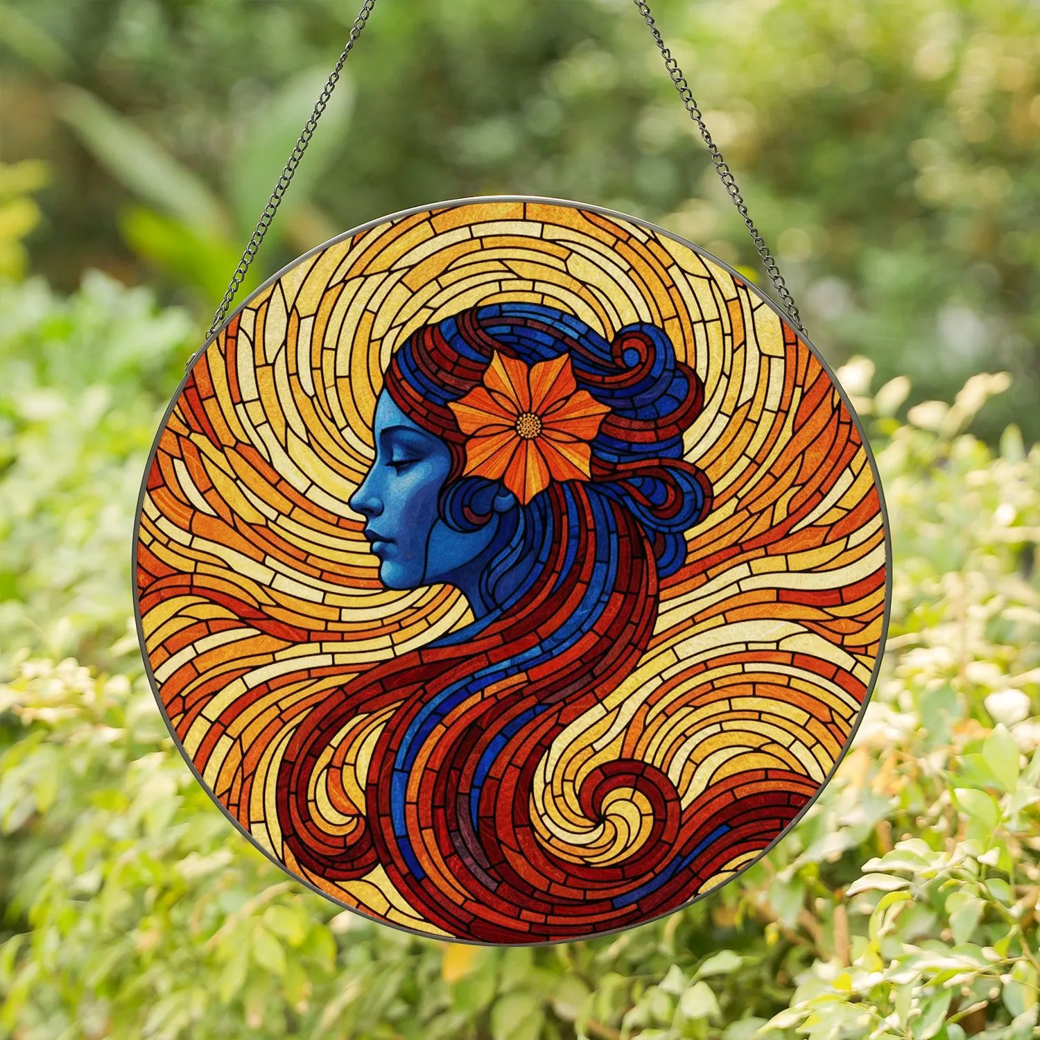 Blue Face Woman Profile Stained Glass Tiffany Style Jewel Tone Mosaic Intricate Patterns Stained Glass Suncatcher - 1