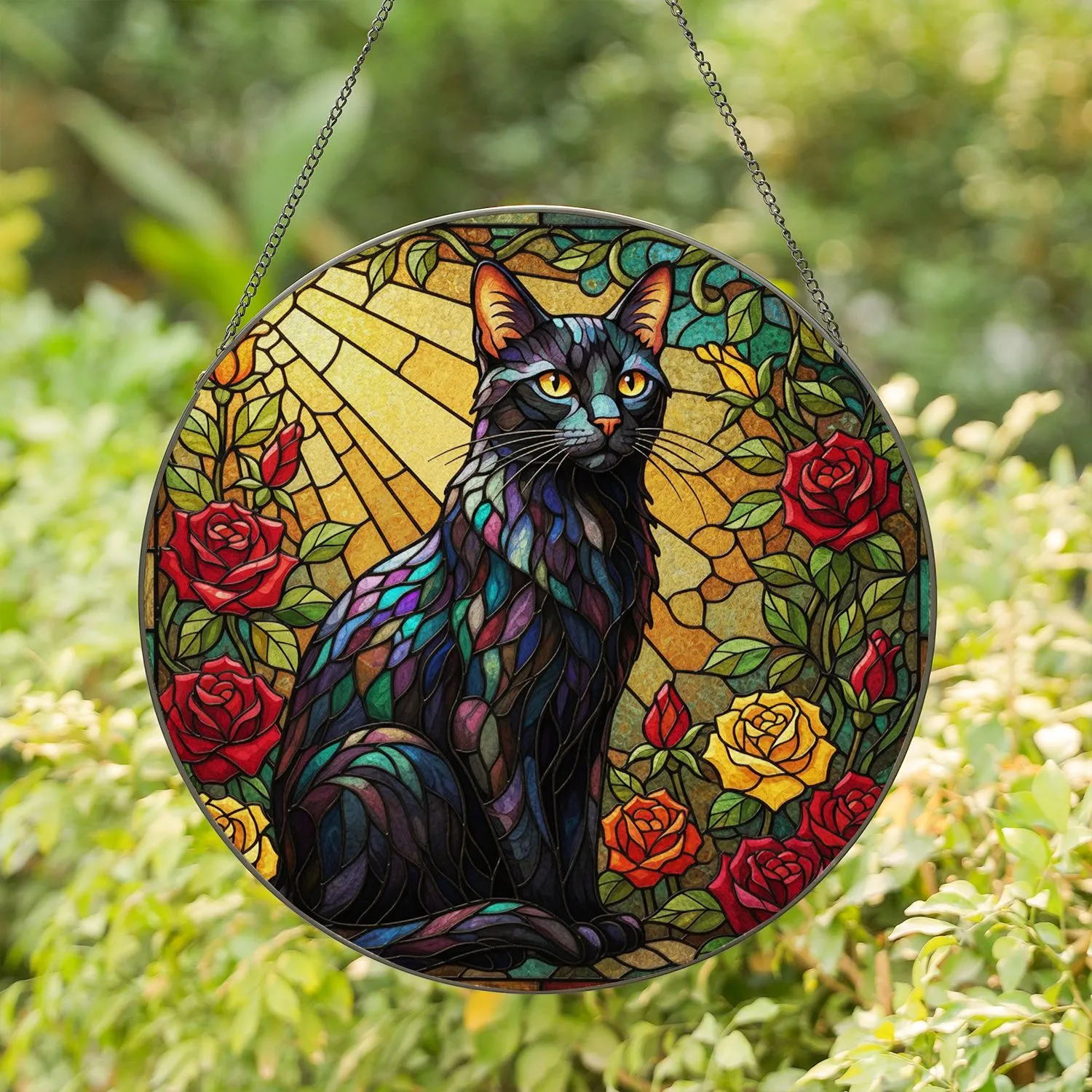 Black Cat Stained Glass Roses Jewel Tone Art - Intricate Tiffany Style Mosaic Design Stained Glass Suncatcher - 1
