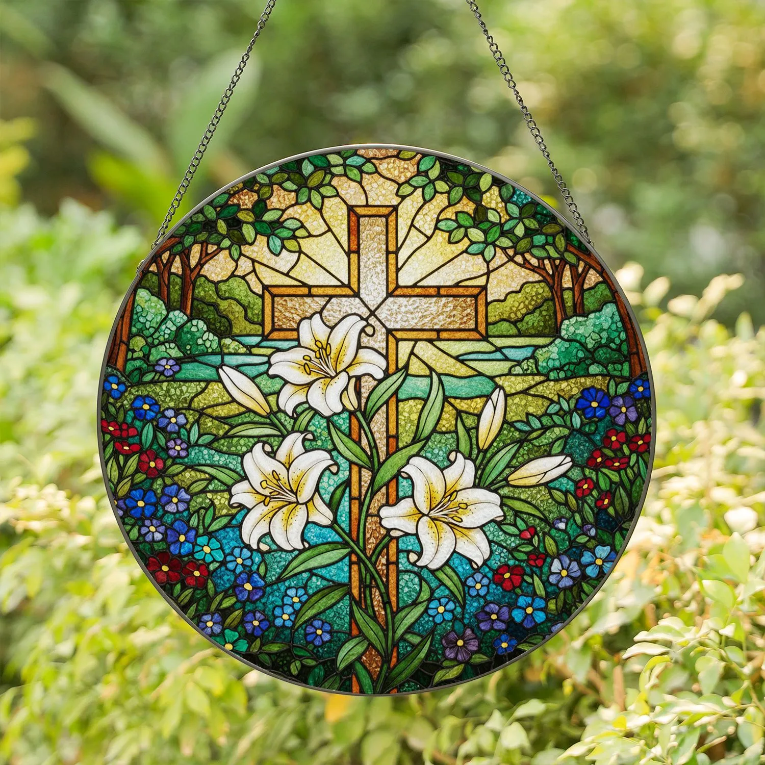 Christian Cross Easter Lilies Spring Garden Mosaic - Tiffany Glass Style Religious Decor Stained Glass Suncatcher - 1