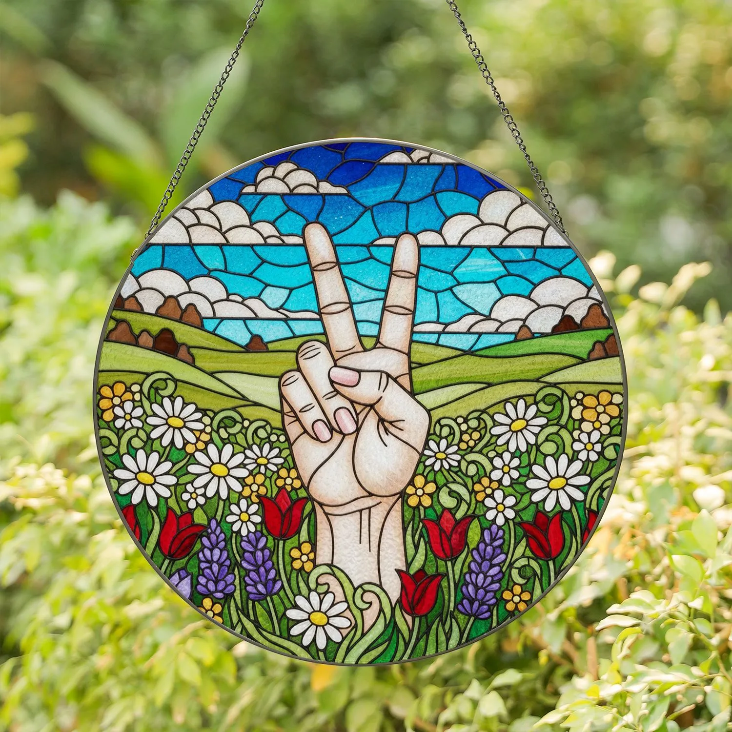 Intricate Peace Sign Hand Wildflower Meadow Green Hills Blue Sky Tiffany Glass Art Stained Glass Suncatcher - 1