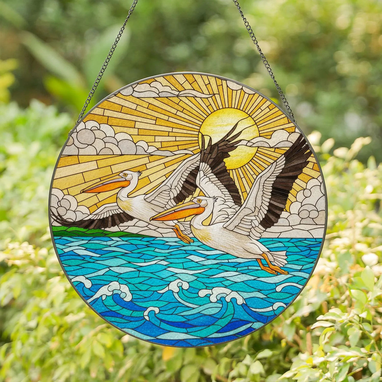 White Pelicans Ocean Waves Golden Sun Translucent Jewel Tones Tiffany Glass Window Decor Stained Glass Suncatcher - 1