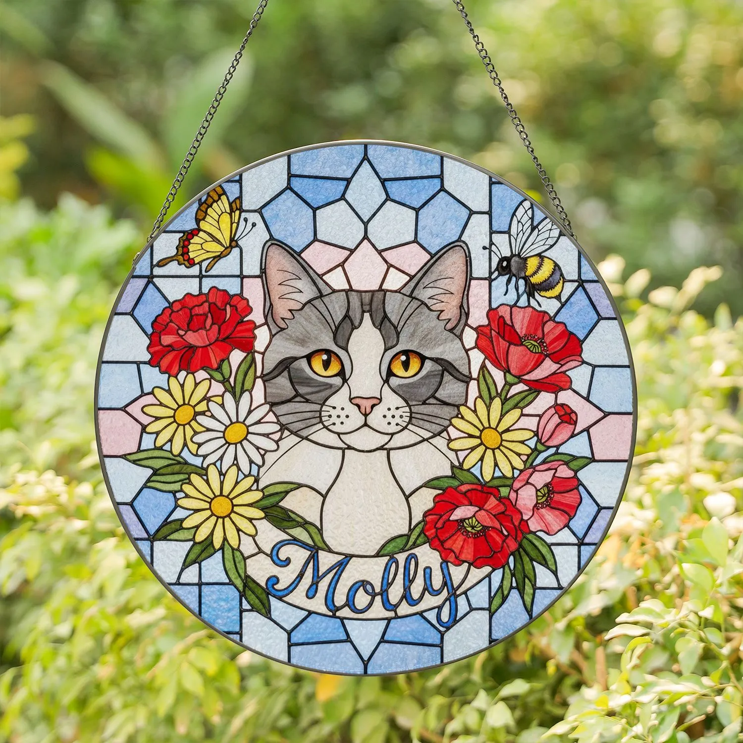 Grey White Cat Molly Name Amber Eyes Butterfly Bee Tiffany Stained Glass Sky Mosaic Art Stained Glass Suncatcher - 1