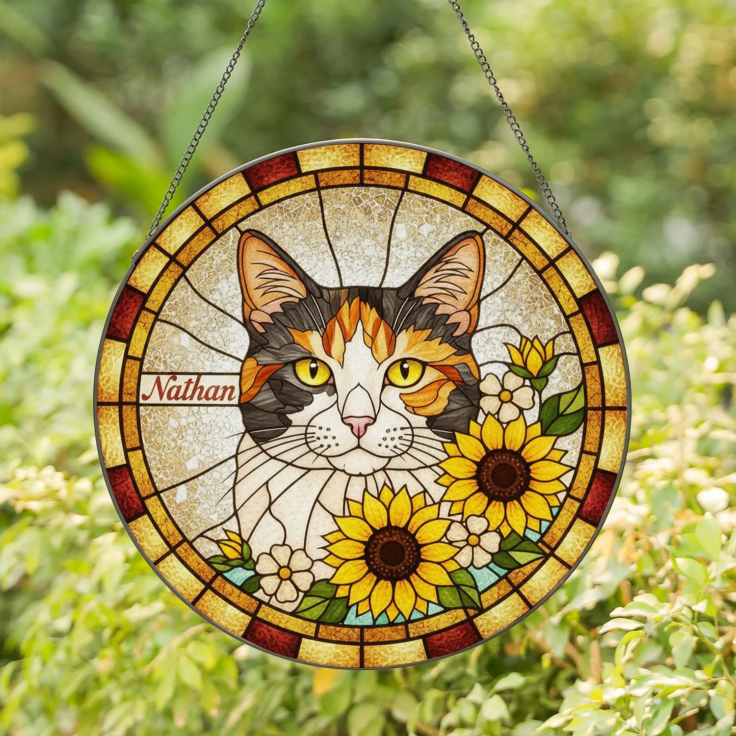 Calico Cat Head Sunflowers Stained Glass Tiffany Style Personalized Gift Nathan Stained Glass Suncatcher - 1