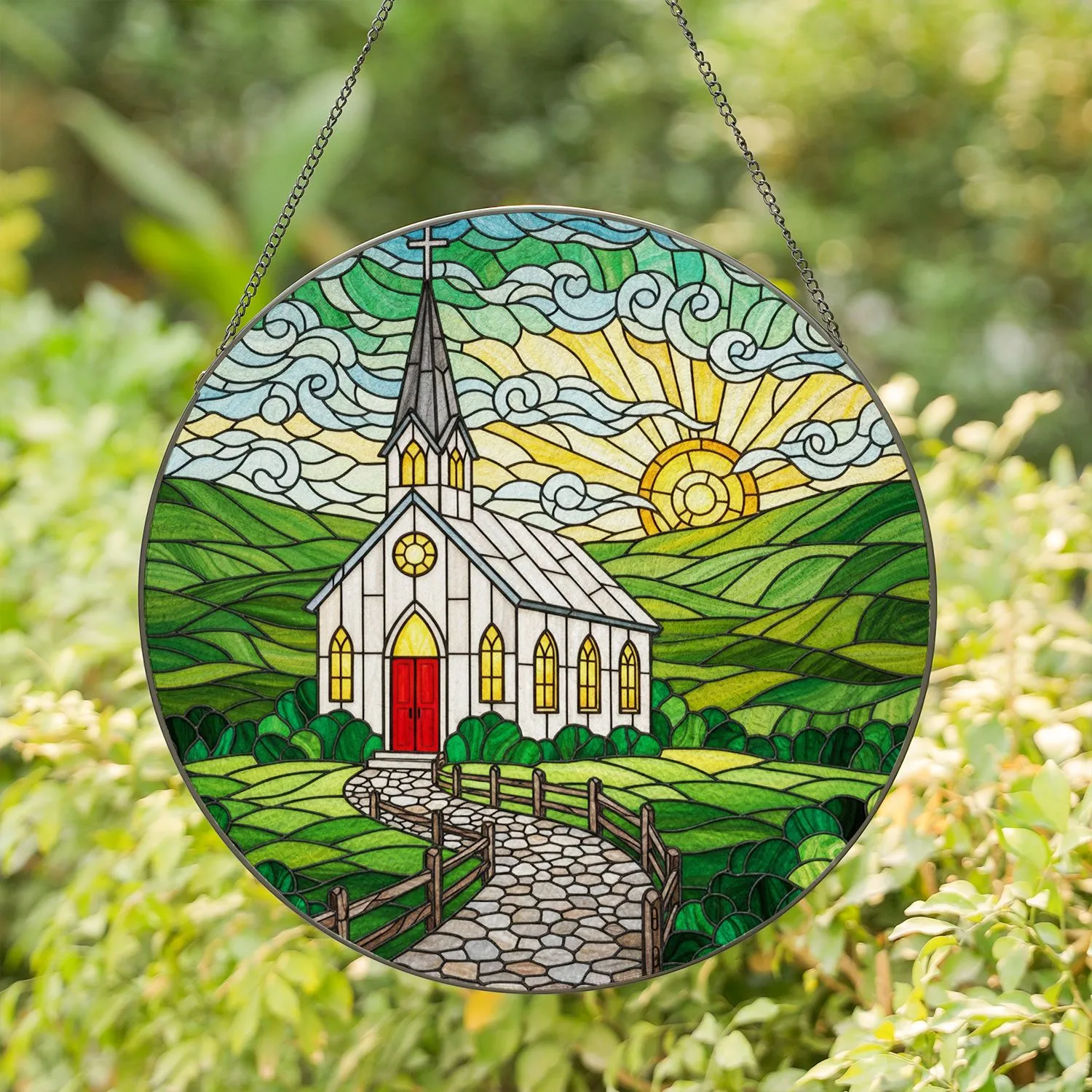 White Country Church Stained Glass Sun Hills Art - Tiffany Style Cross Path Fence Design Stained Glass Suncatcher - 1