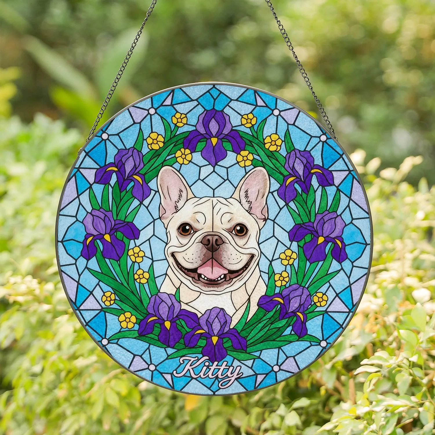 Cream French Bulldog Purple Iris Geometric Stained Glass Mosaic Art with Kitty Stained Glass Suncatcher - 1