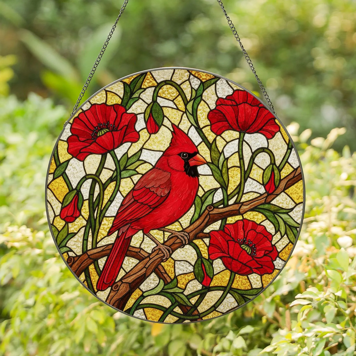 Red Cardinal Poppy Flowers Stained Glass Mosaic Art Tiffany Style Home Decor Stained Glass Suncatcher - 1