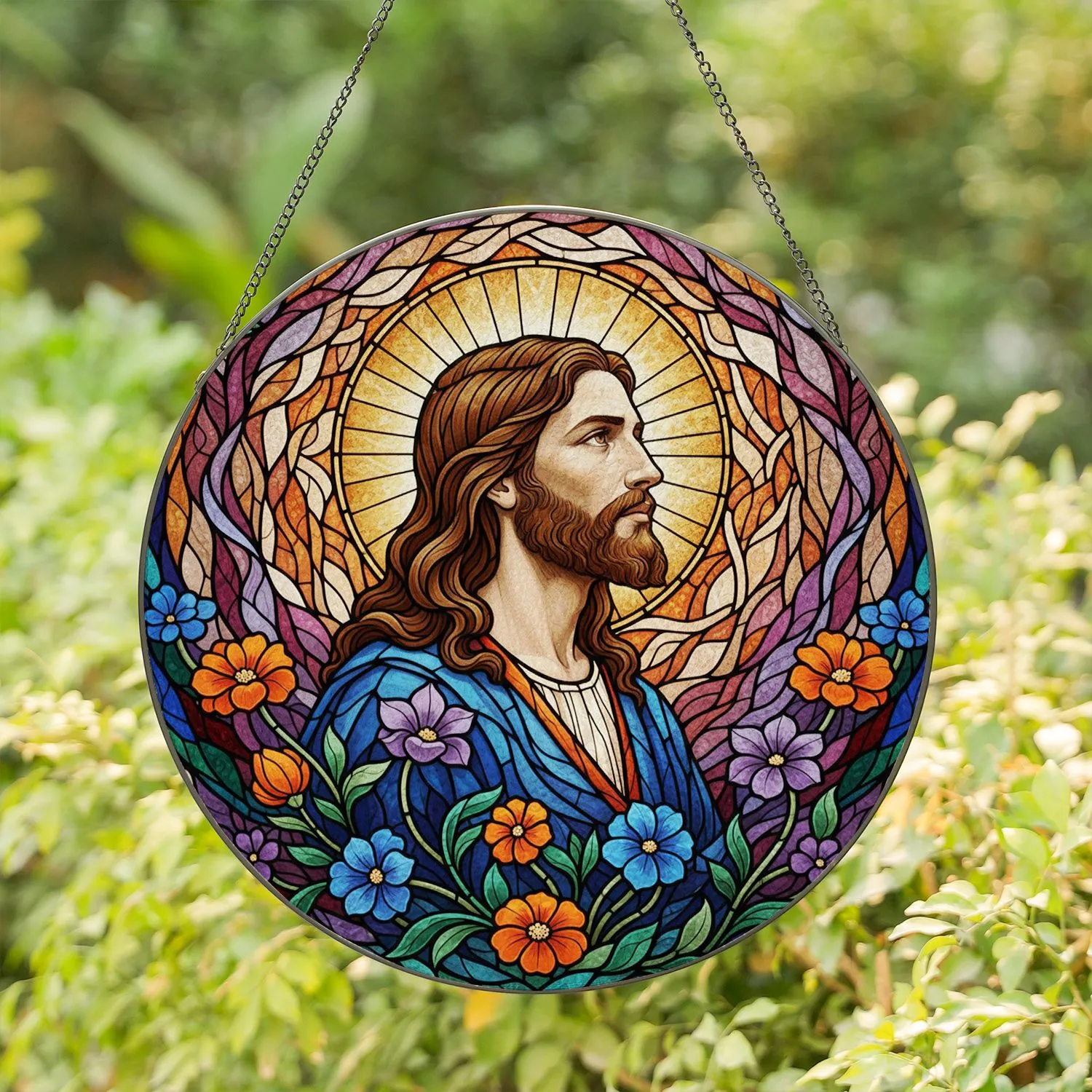 Serene Jesus Christ Profile Halo Tiffany Glass Blooming Flowers Swirling Celestial Mosaic Art Stained Glass Suncatcher - 1