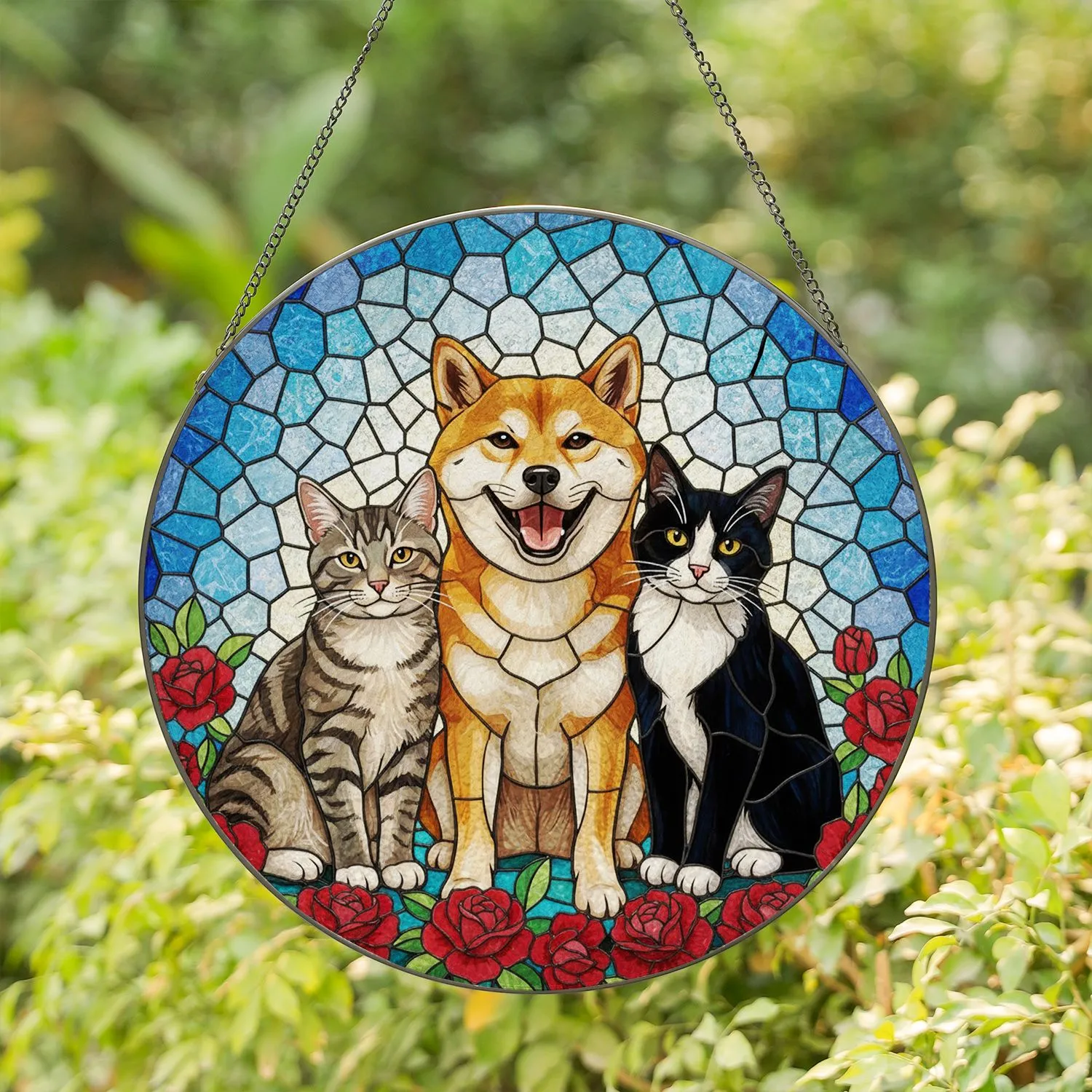 Shiba Inu Dog Cat Red Flowers Stained Glass Mosaic Art - Pet Lover Home Decor Gift Stained Glass Suncatcher - 1