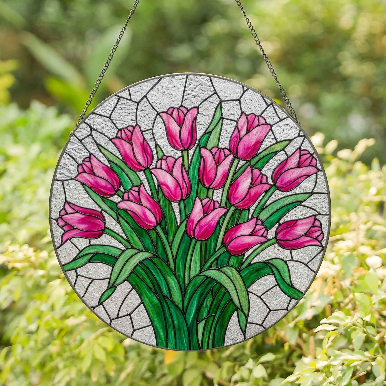 Colorful Blooming Tulips Stained Glass Mosaic - Tiffany Style Jewel Tone Floral Window Decor Stained Glass Suncatcher - 1