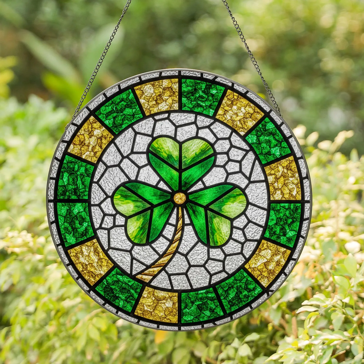 Vibrant Shamrock Stained Glass Tiffany Style - Heart Leaves Mosaic St. Patrick's Day Stained Glass Suncatcher - 1