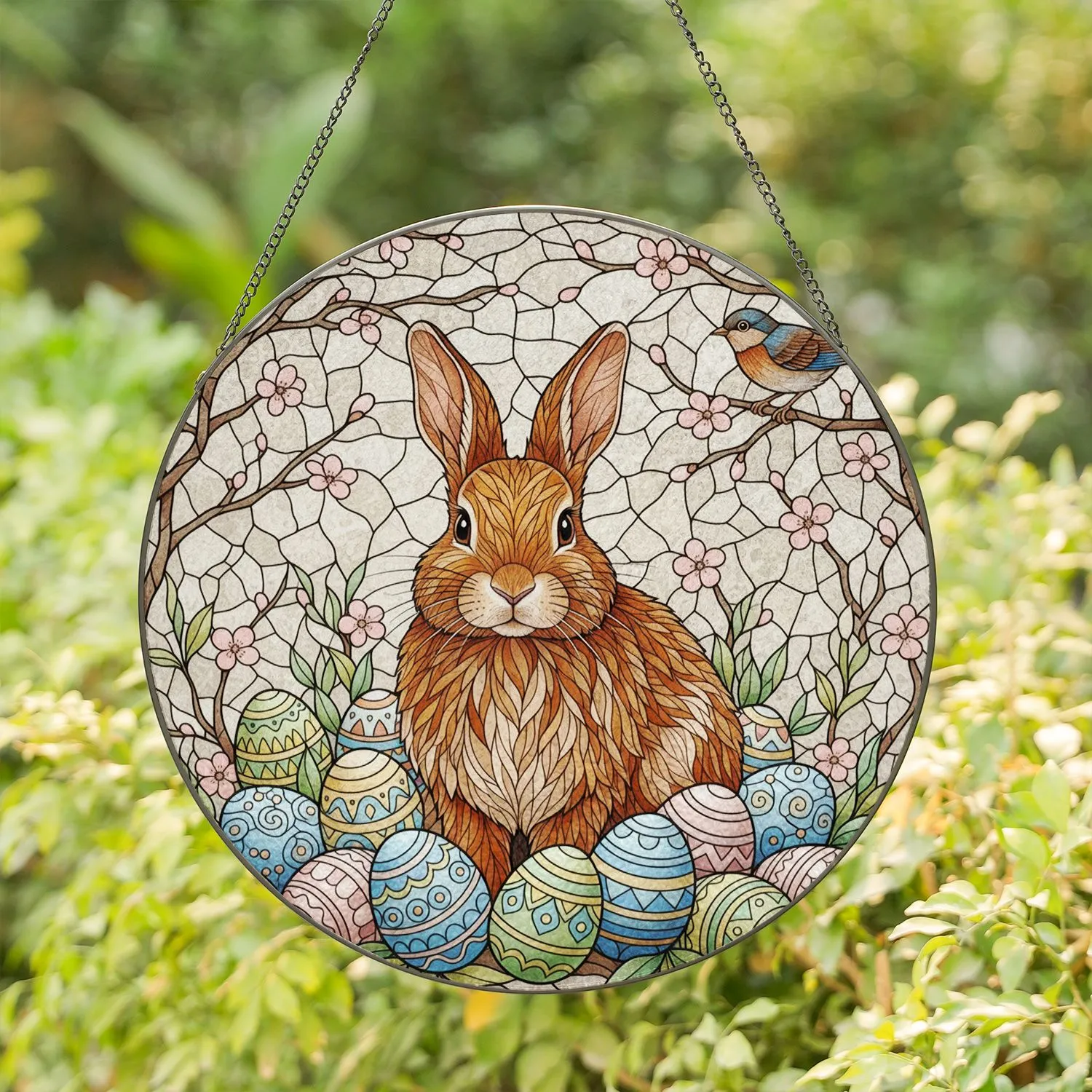 Fluffy Brown Rabbit Easter Eggs Bird Tiffany Stained Glass Spring Home Decor Gift Stained Glass Suncatcher - 1