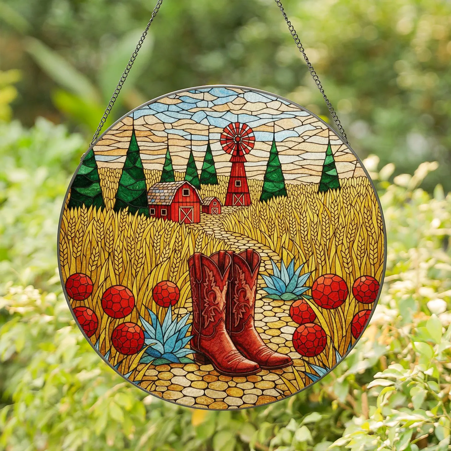 Cowboy Boots Stained Glass Western Farm Field Barn Windmill Rustic Art Decor Stained Glass Suncatcher - 1
