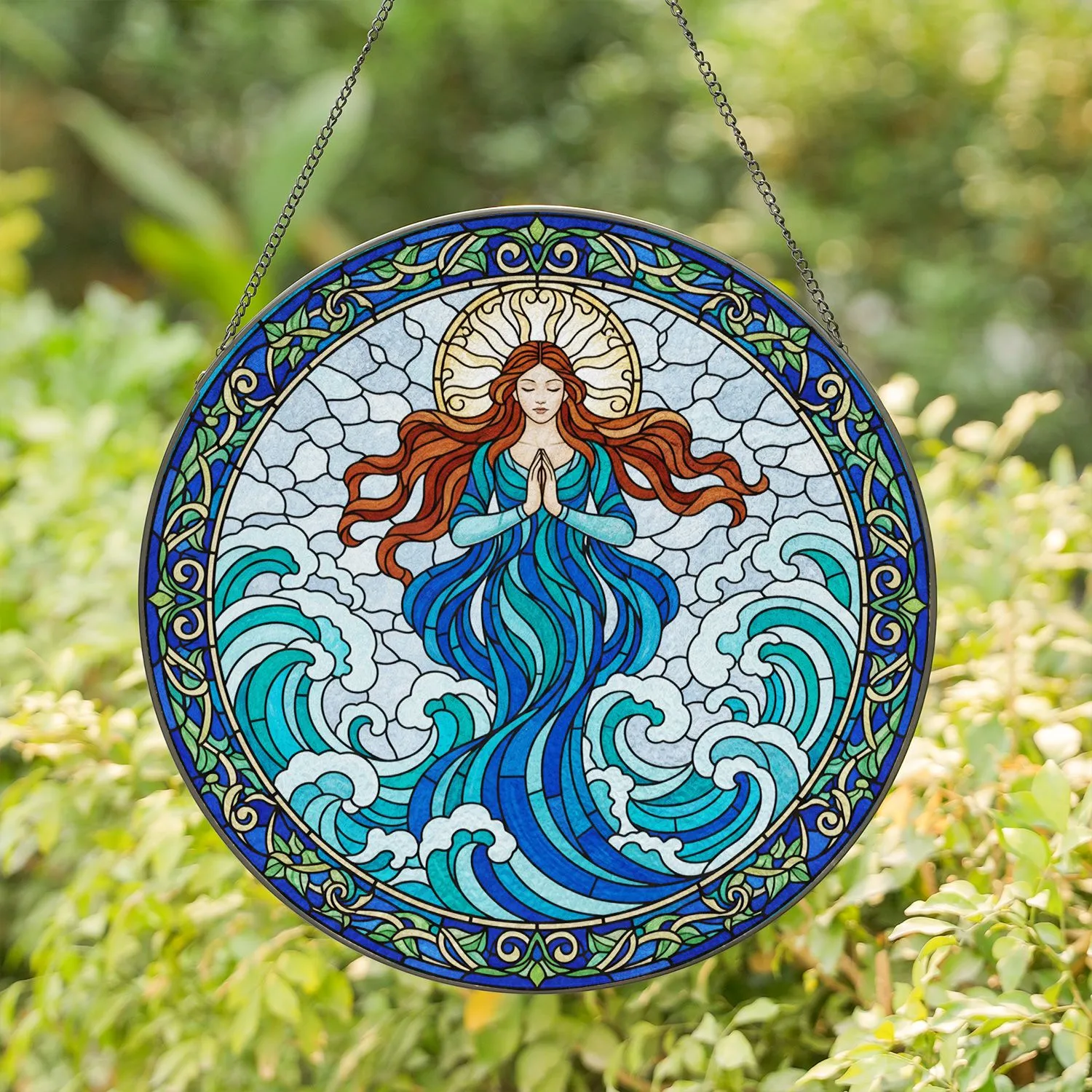 Goddess Figure Prayer Ocean Waves Tiffany Style Stained Glass Intricate Halo Art Stained Glass Suncatcher - 1