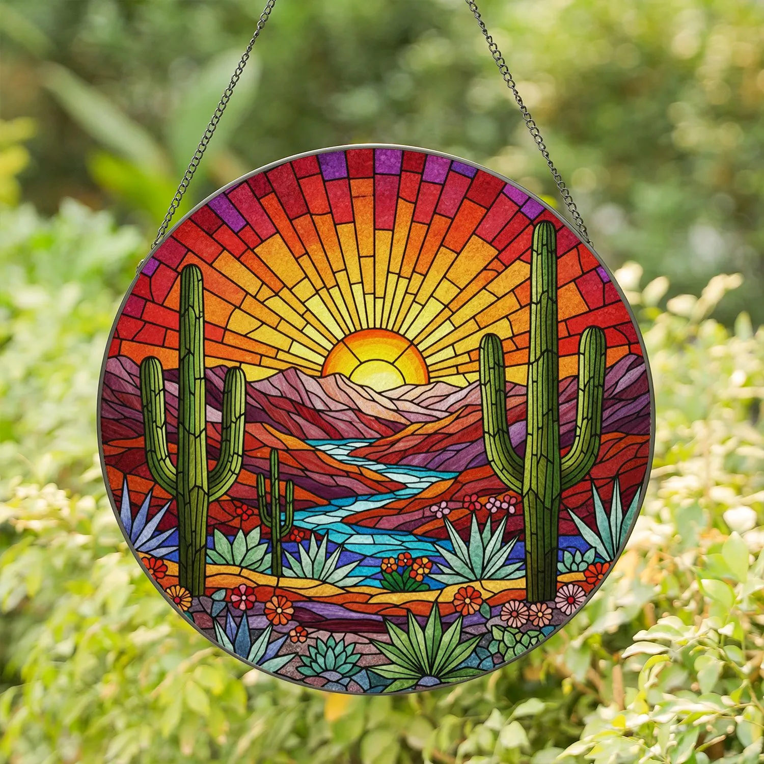 Saguaro Cactus Desert Landscape Art - Tiffany Style Sun Mountain Sky Jewel Tones Stained Glass Suncatcher - 1