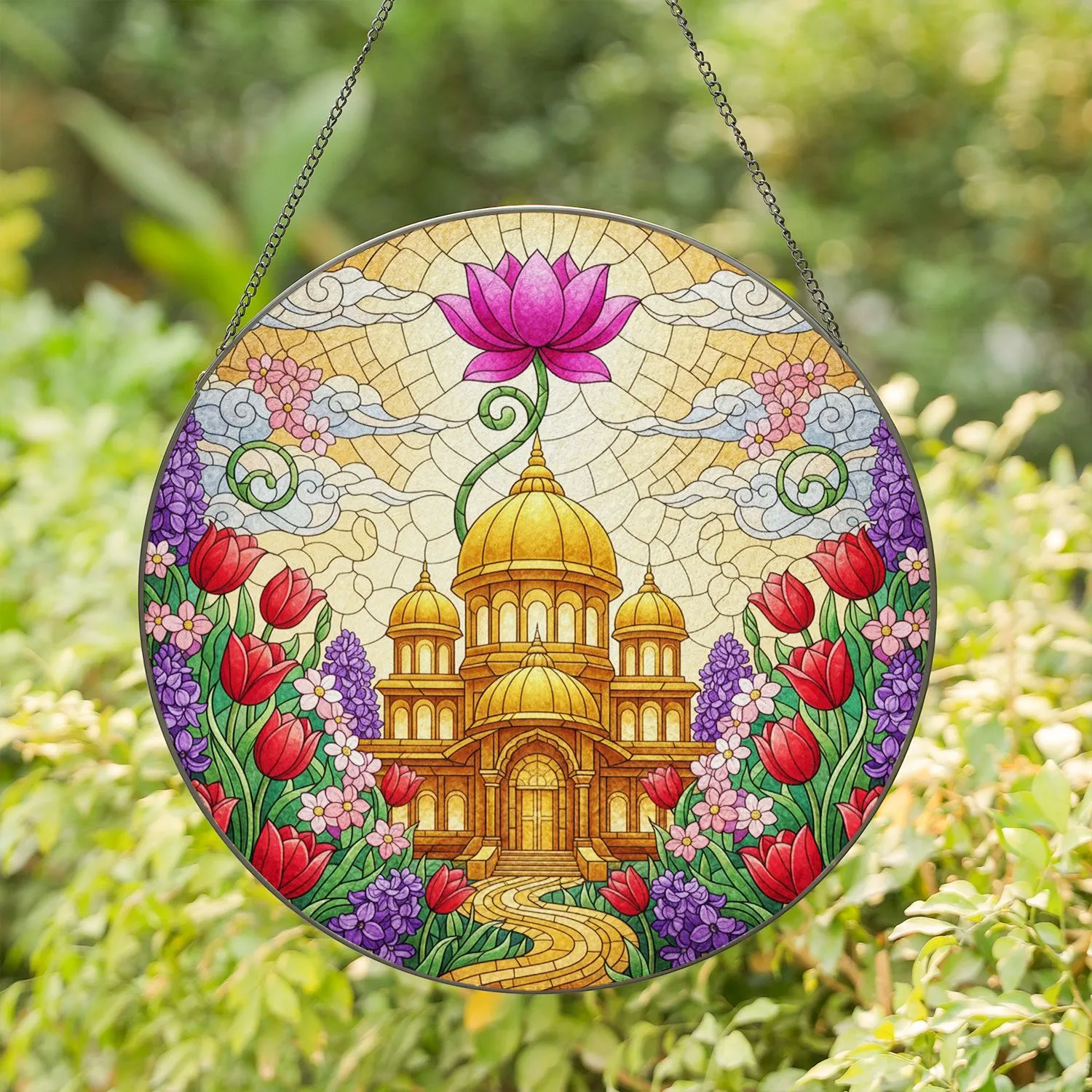 Ornate Golden Temple Magenta Lotus Flower Stained Glass Floral Mosaic Window Art Stained Glass Suncatcher - 1