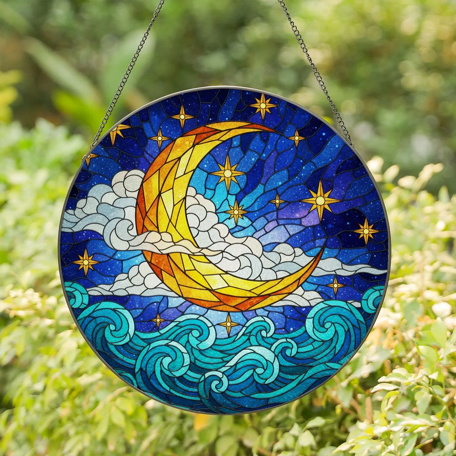 Glowing Crescent Moon Golden Stars Celestial Ocean Waves Tiffany Stained Glass Art Decor Stained Glass Suncatcher - 1